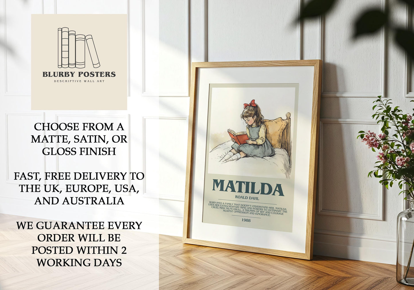 Matilda by Roald Dahl Descriptive Poster Print. Free Delivery Wall Art Author & Blurb Book Artwork Novel Modern Poster Gift