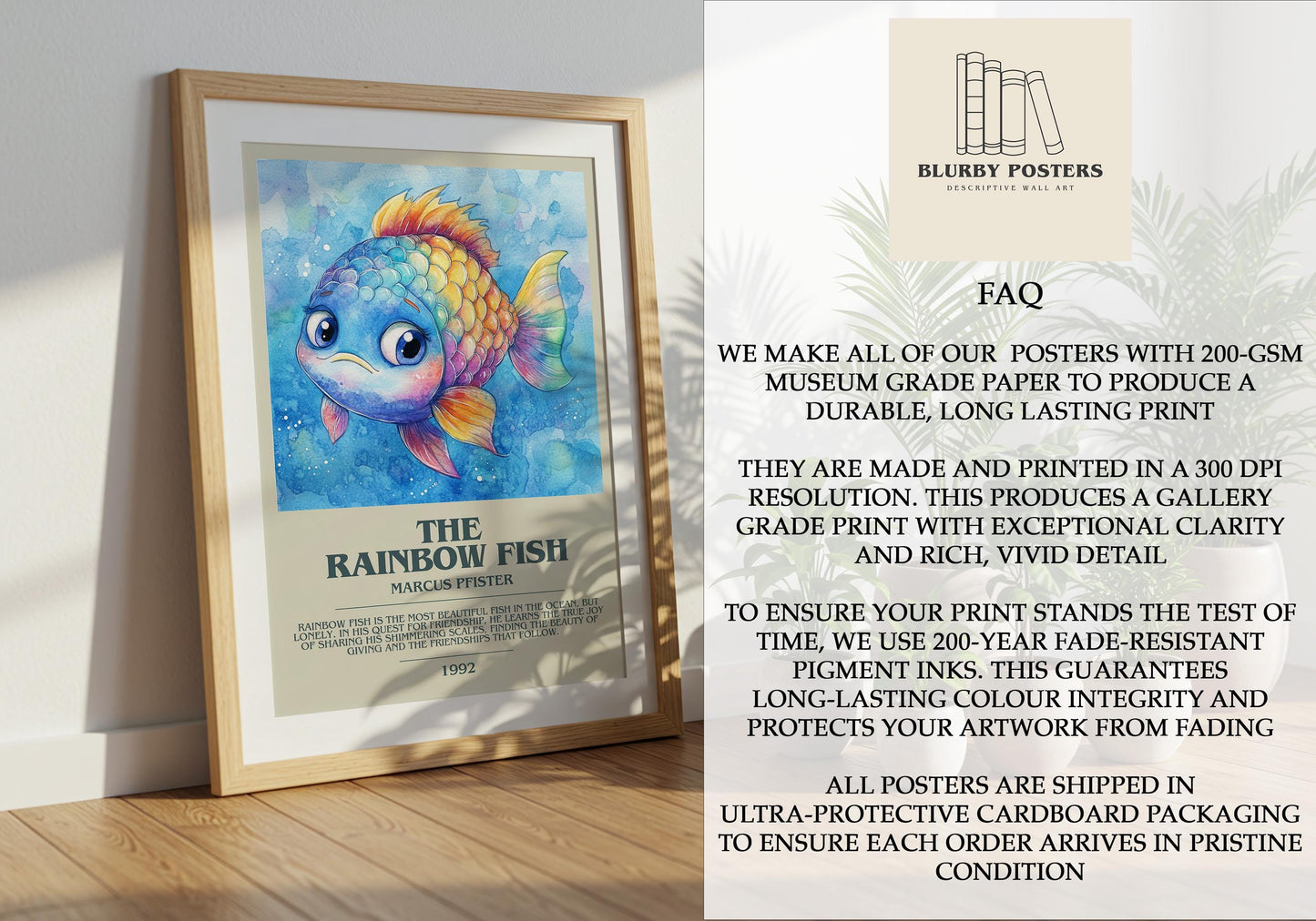 The Rainbow Fish by Marcus Pfister Descriptive Poster Print. Free Delivery Wall Art Author & Blurb Book Artwork Novel Modern Poster Gift