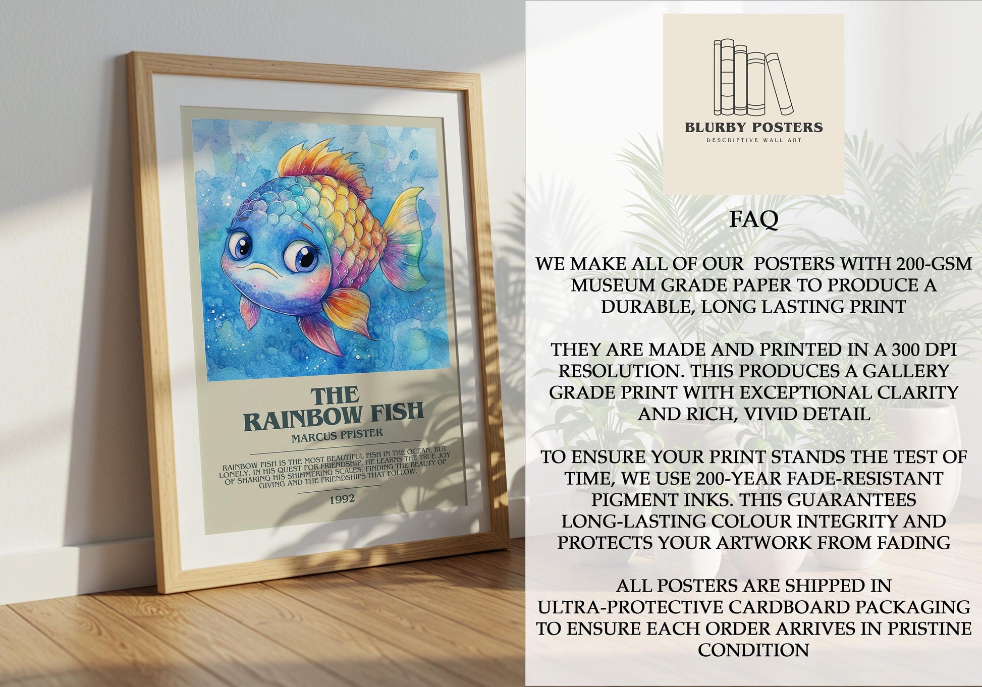 The Rainbow Fish by Marcus Pfister Descriptive Poster Print. Free Delivery Wall Art Author & Blurb Book Artwork Novel Modern Poster Gift