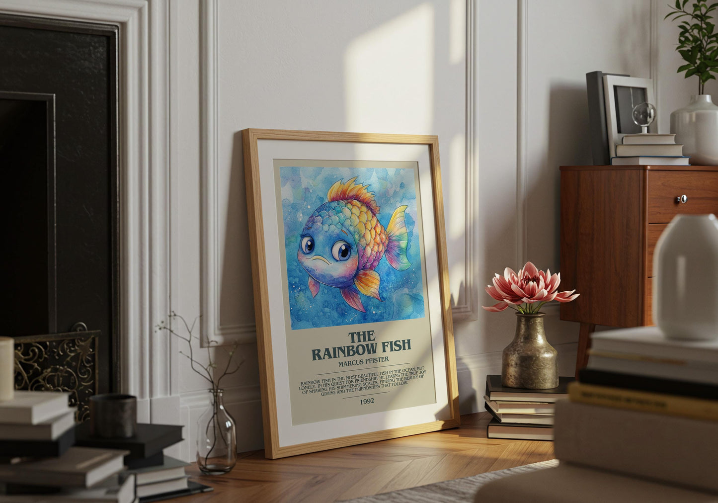 The Rainbow Fish by Marcus Pfister Descriptive Poster Print. Free Delivery Wall Art Author & Blurb Book Artwork Novel Modern Poster Gift