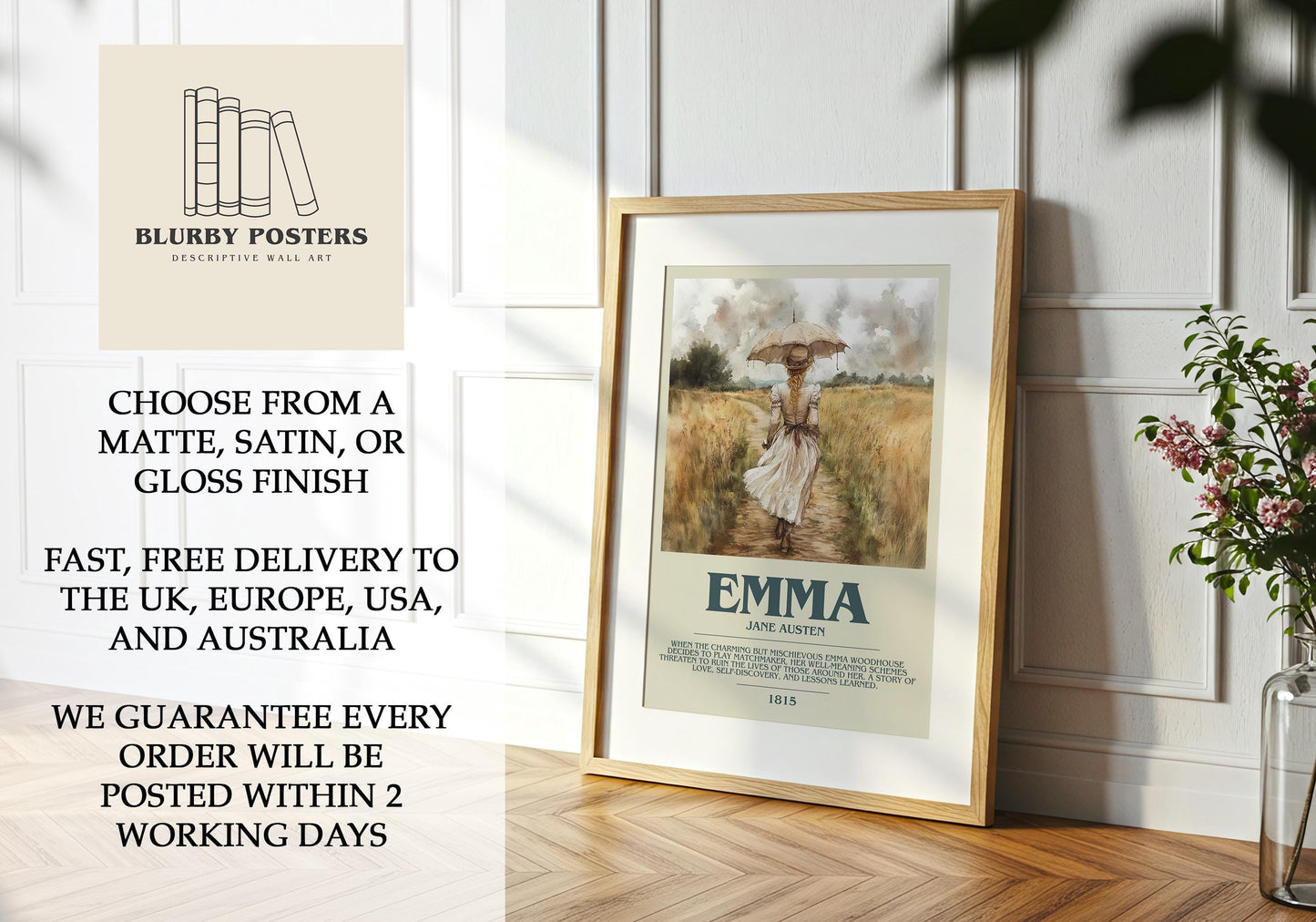 Emma by Jane Austen Descriptive Poster Print. Free Delivery Wall Art Author & Blurb Book Artwork Novel Modern Poster Gift