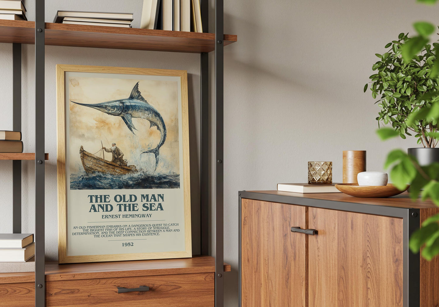 The Old Man And The Sea by Ernest Hemingway Descriptive Poster Print. Free Delivery Wall Art Author & Blurb Book Artwork Novel Modern Poster