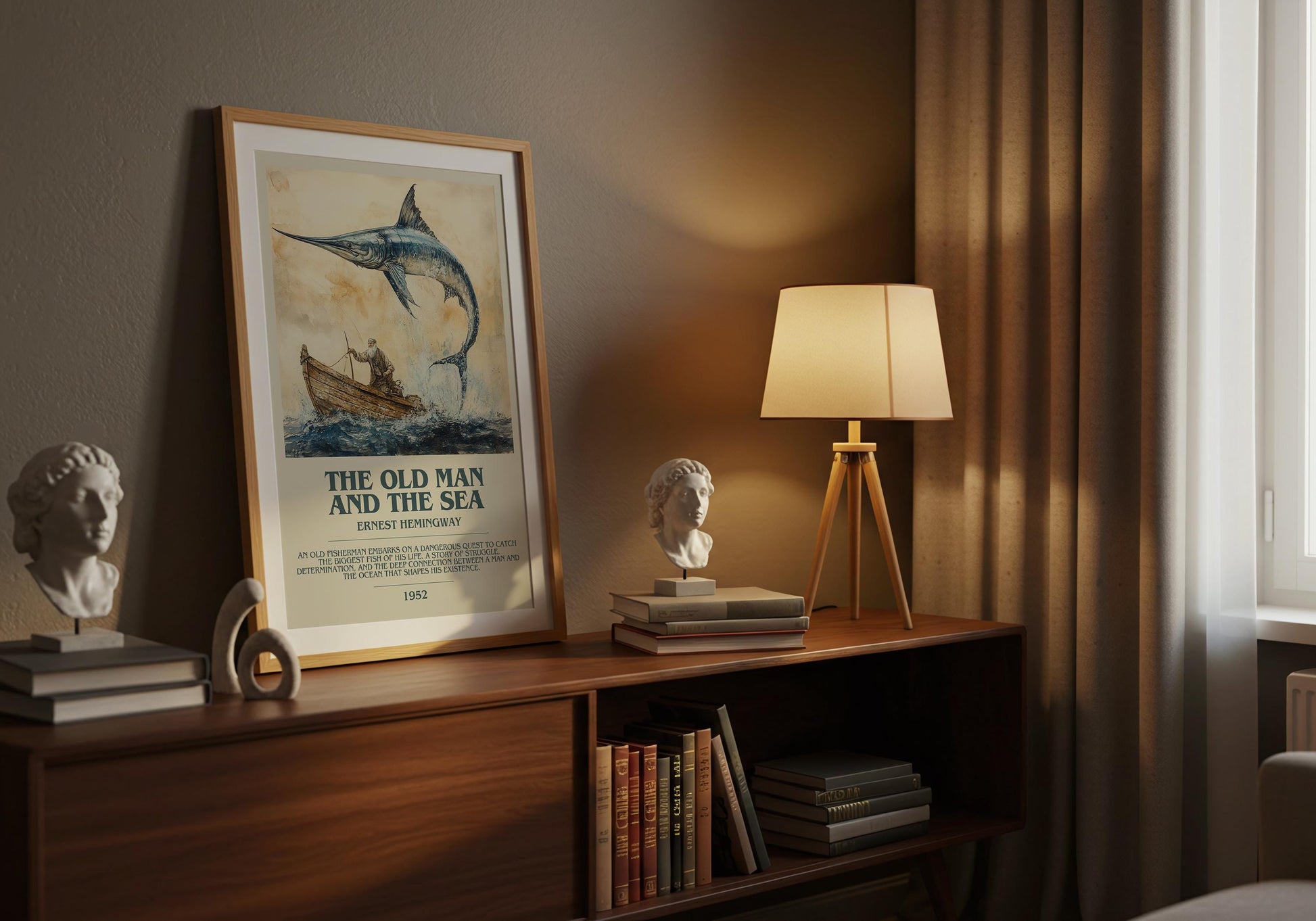 The Old Man And The Sea by Ernest Hemingway Descriptive Poster Print. Free Delivery Wall Art Author & Blurb Book Artwork Novel Modern Poster