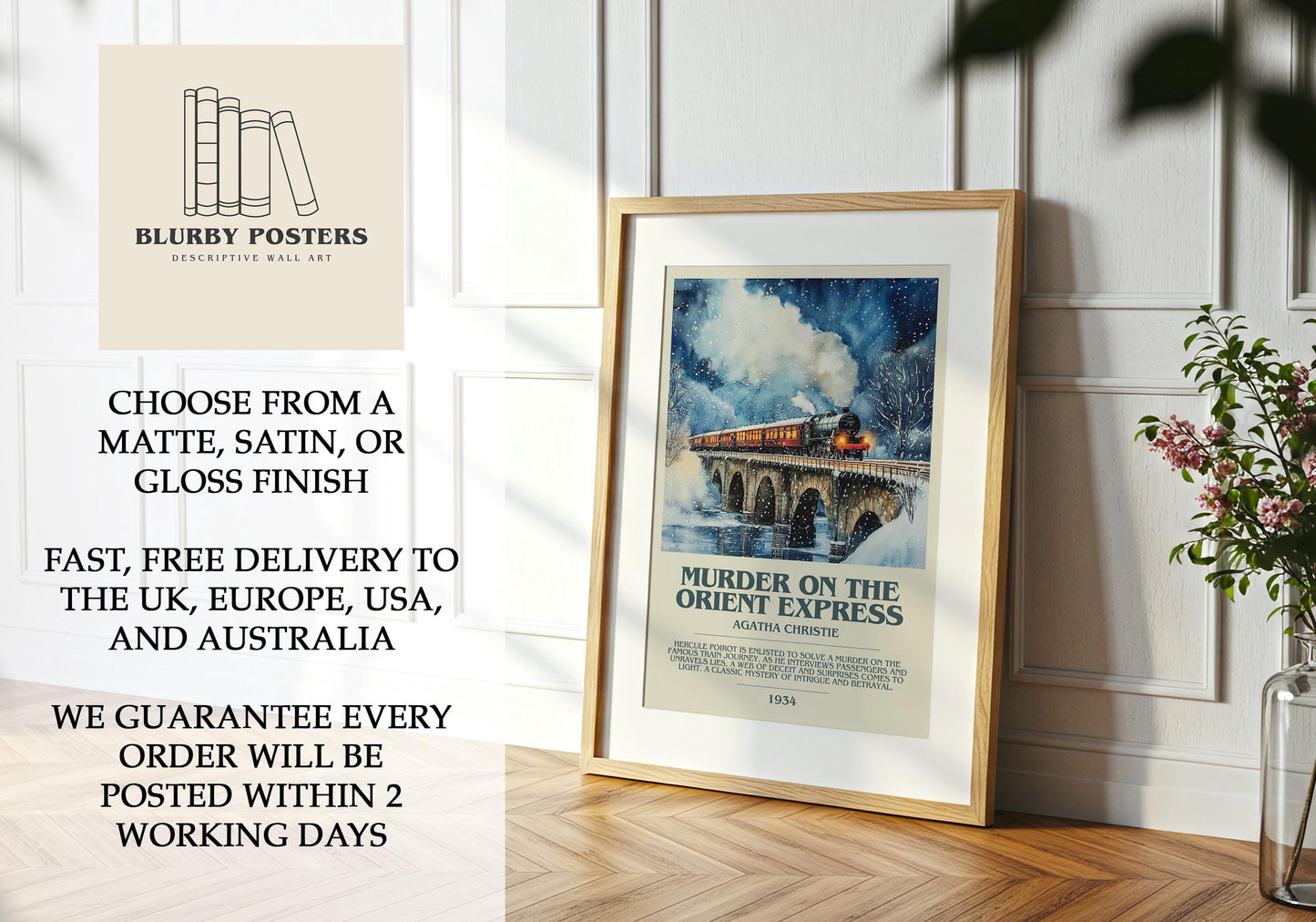 Murder On The Orient Express by Agatha Christie Descriptive Poster Print. Free Delivery Wall Art Author & Blurb Book Artwork Novel Modern