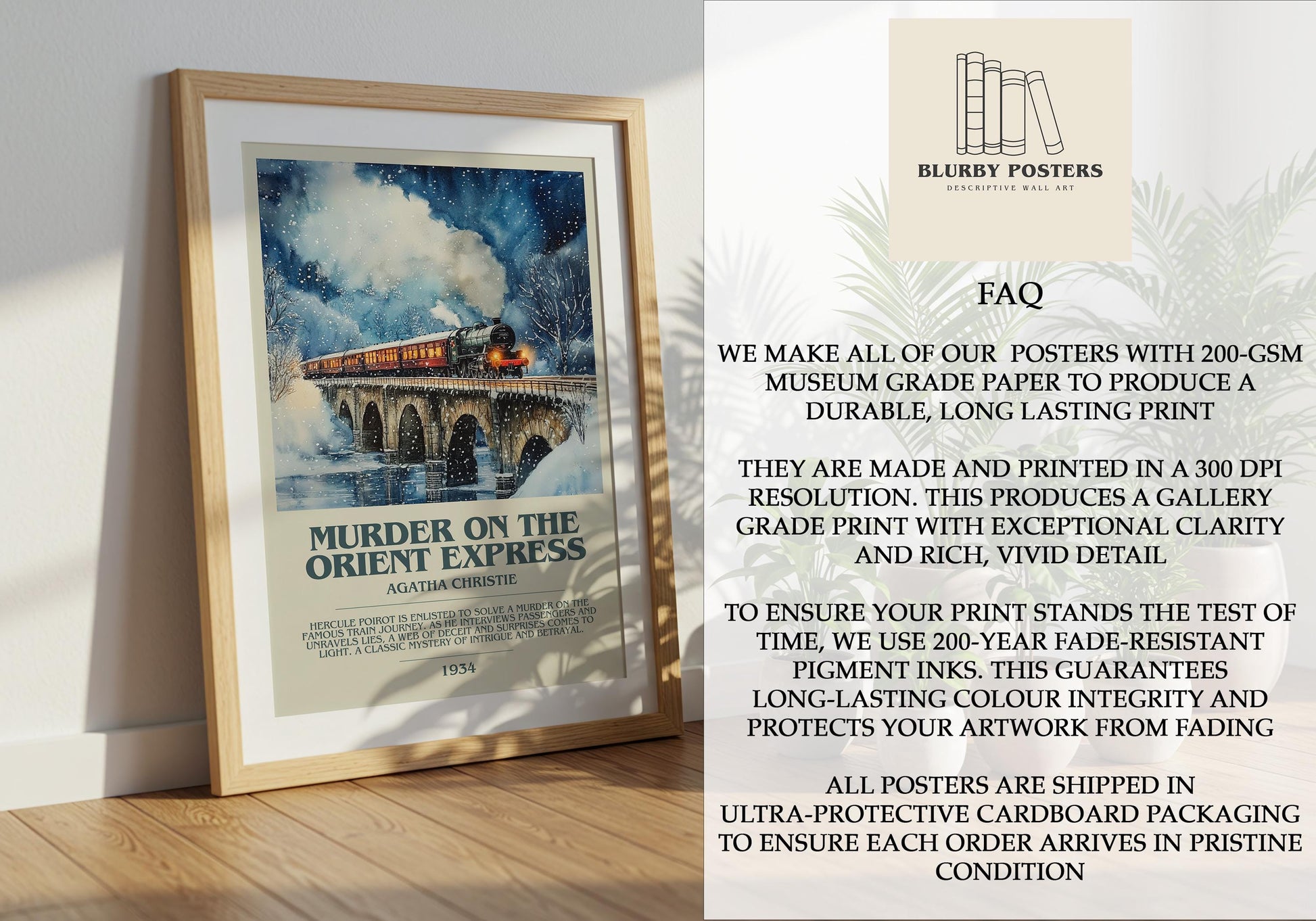Murder On The Orient Express by Agatha Christie Descriptive Poster Print. Free Delivery Wall Art Author & Blurb Book Artwork Novel Modern