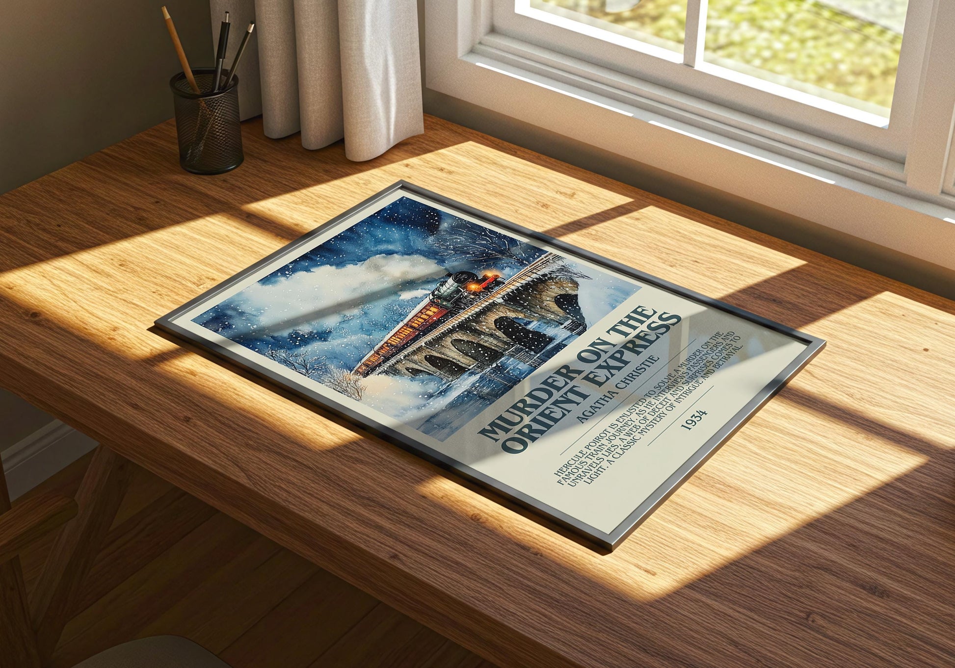 Murder On The Orient Express by Agatha Christie Descriptive Poster Print. Free Delivery Wall Art Author & Blurb Book Artwork Novel Modern