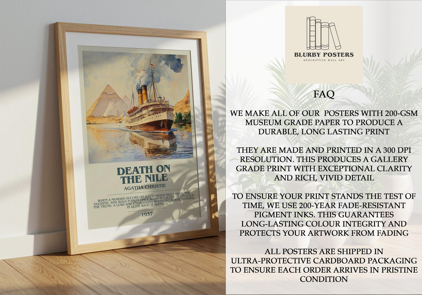 Death On The Nile by Agatha Christie Descriptive Poster Print. Free Delivery Wall Art Author & Blurb Book Artwork Novel Modern