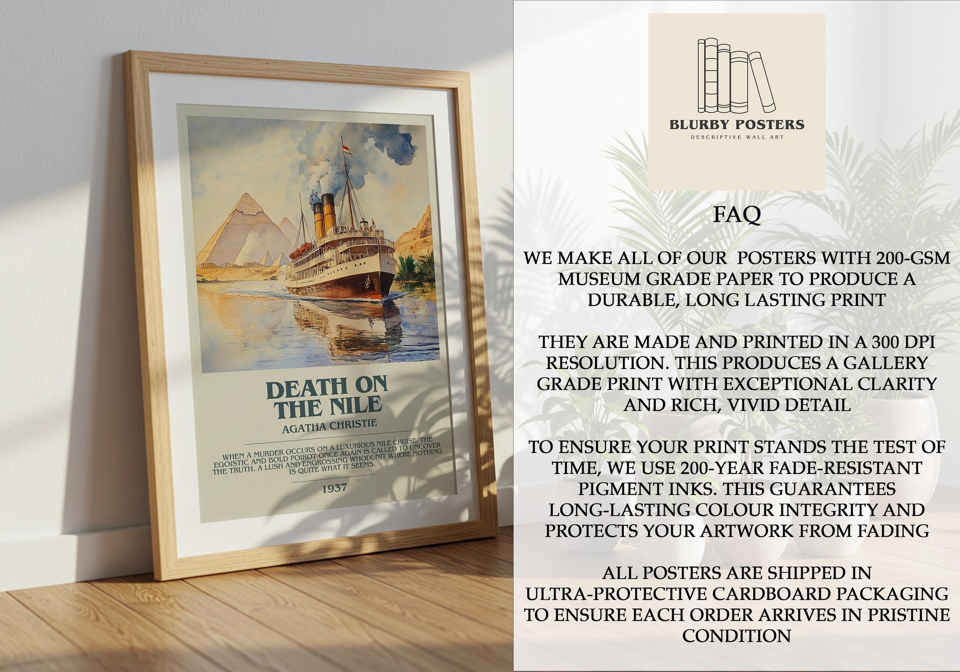 Death On The Nile by Agatha Christie Descriptive Poster Print. Free Delivery Wall Art Author & Blurb Book Artwork Novel Modern