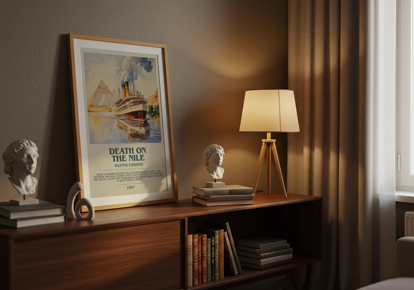 Death On The Nile by Agatha Christie Descriptive Poster Print. Free Delivery Wall Art Author & Blurb Book Artwork Novel Modern