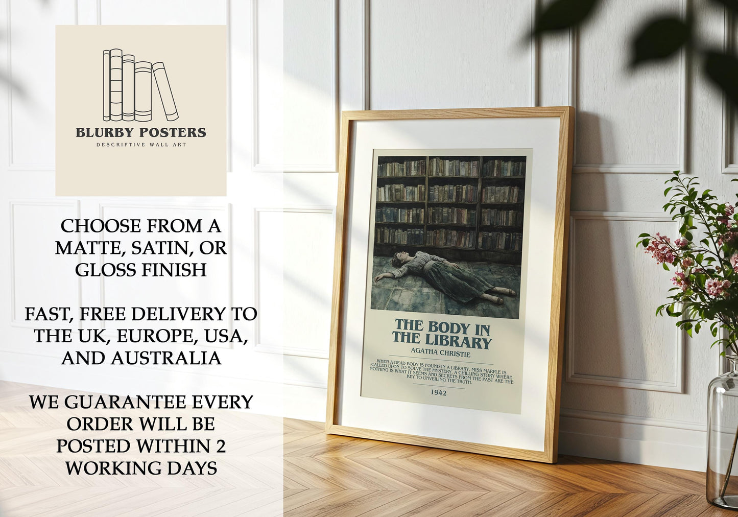 The Body In The Library by Agatha Christie Descriptive Poster Print. Free Delivery Wall Art Author & Blurb Book Artwork Novel Modern