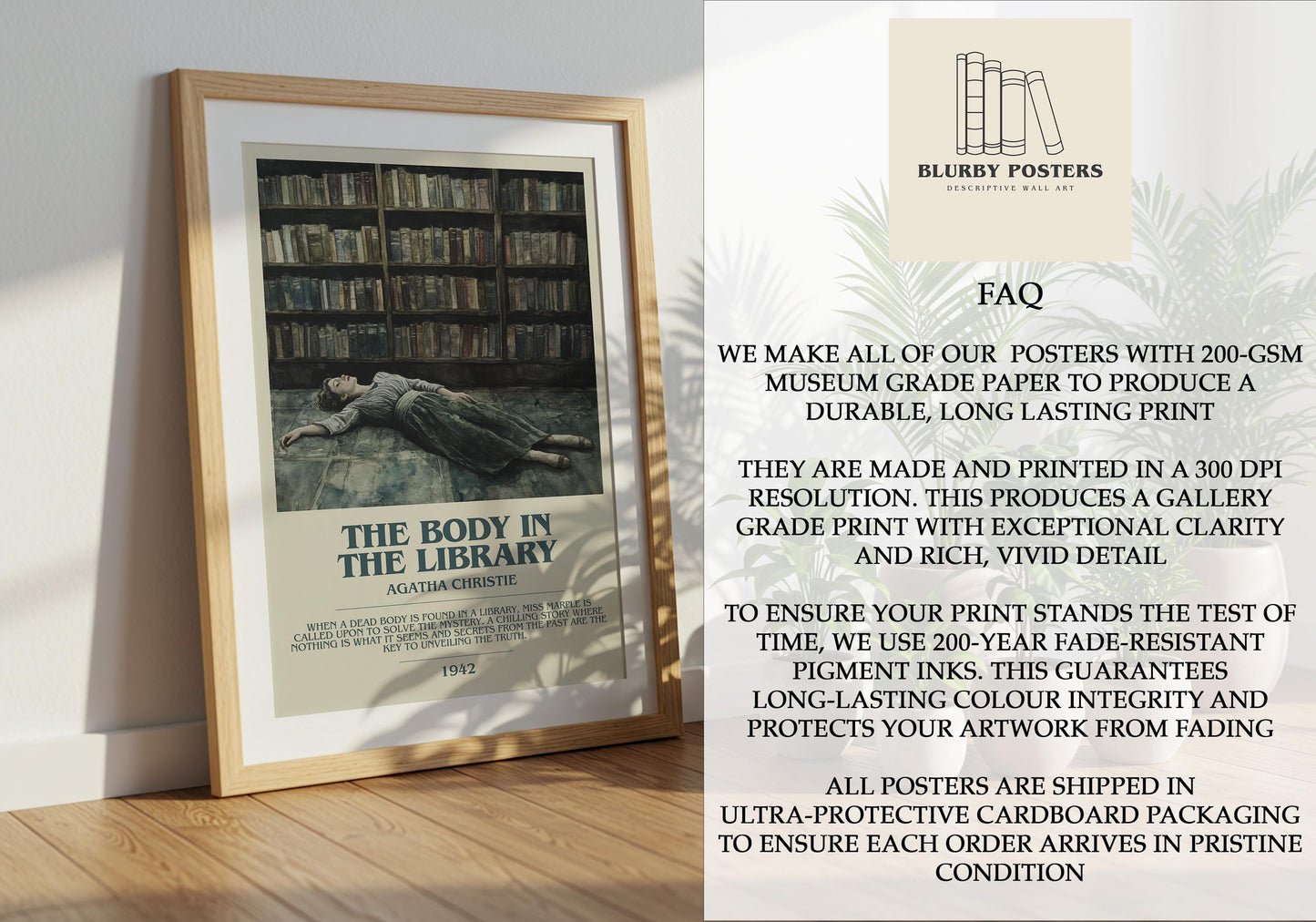 The Body In The Library by Agatha Christie Descriptive Poster Print. Free Delivery Wall Art Author & Blurb Book Artwork Novel Modern