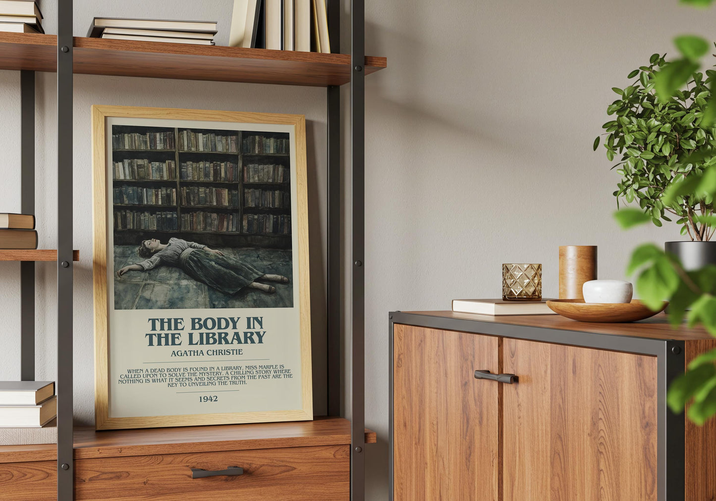 The Body In The Library by Agatha Christie Descriptive Poster Print. Free Delivery Wall Art Author & Blurb Book Artwork Novel Modern