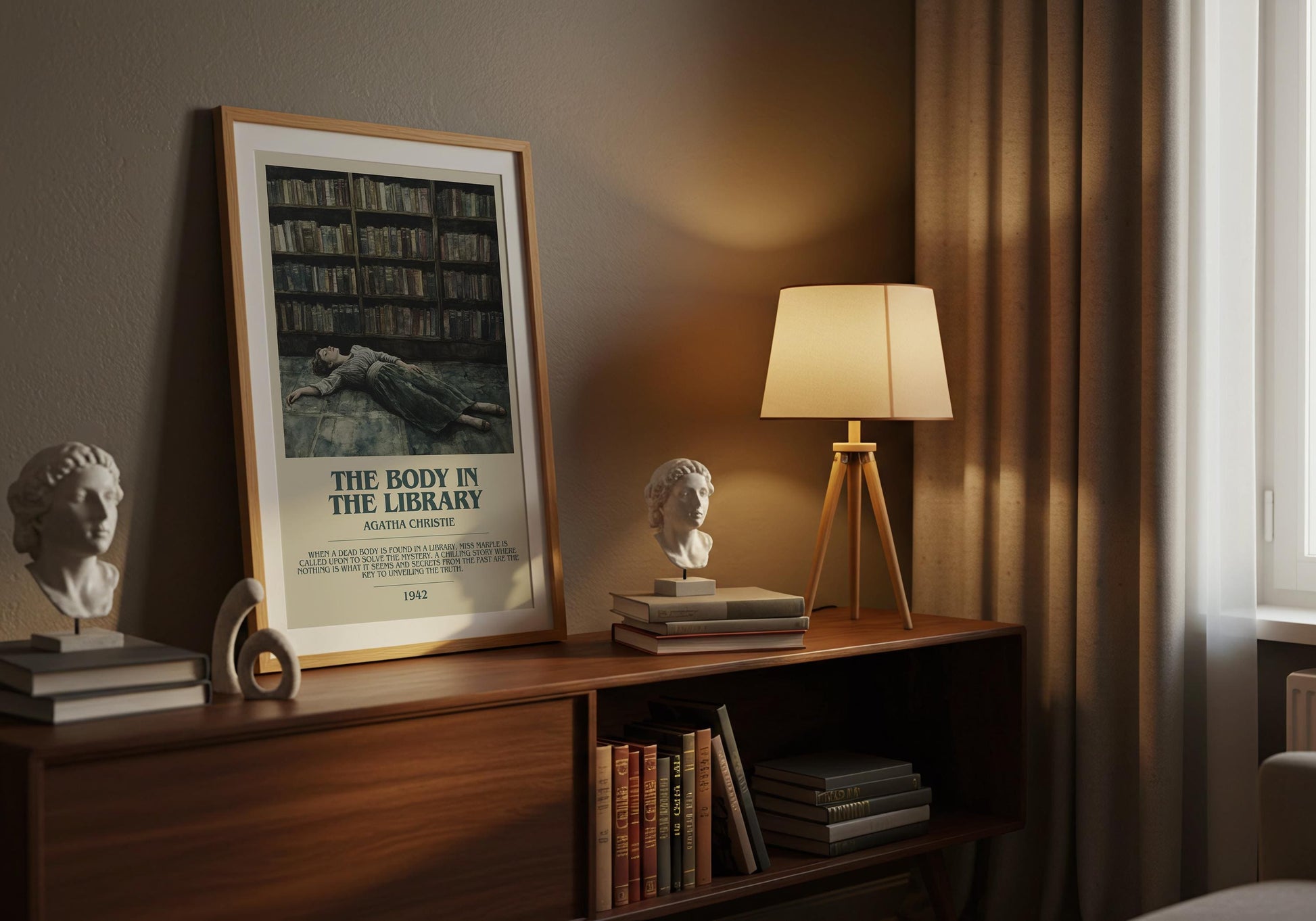 The Body In The Library by Agatha Christie Descriptive Poster Print. Free Delivery Wall Art Author & Blurb Book Artwork Novel Modern