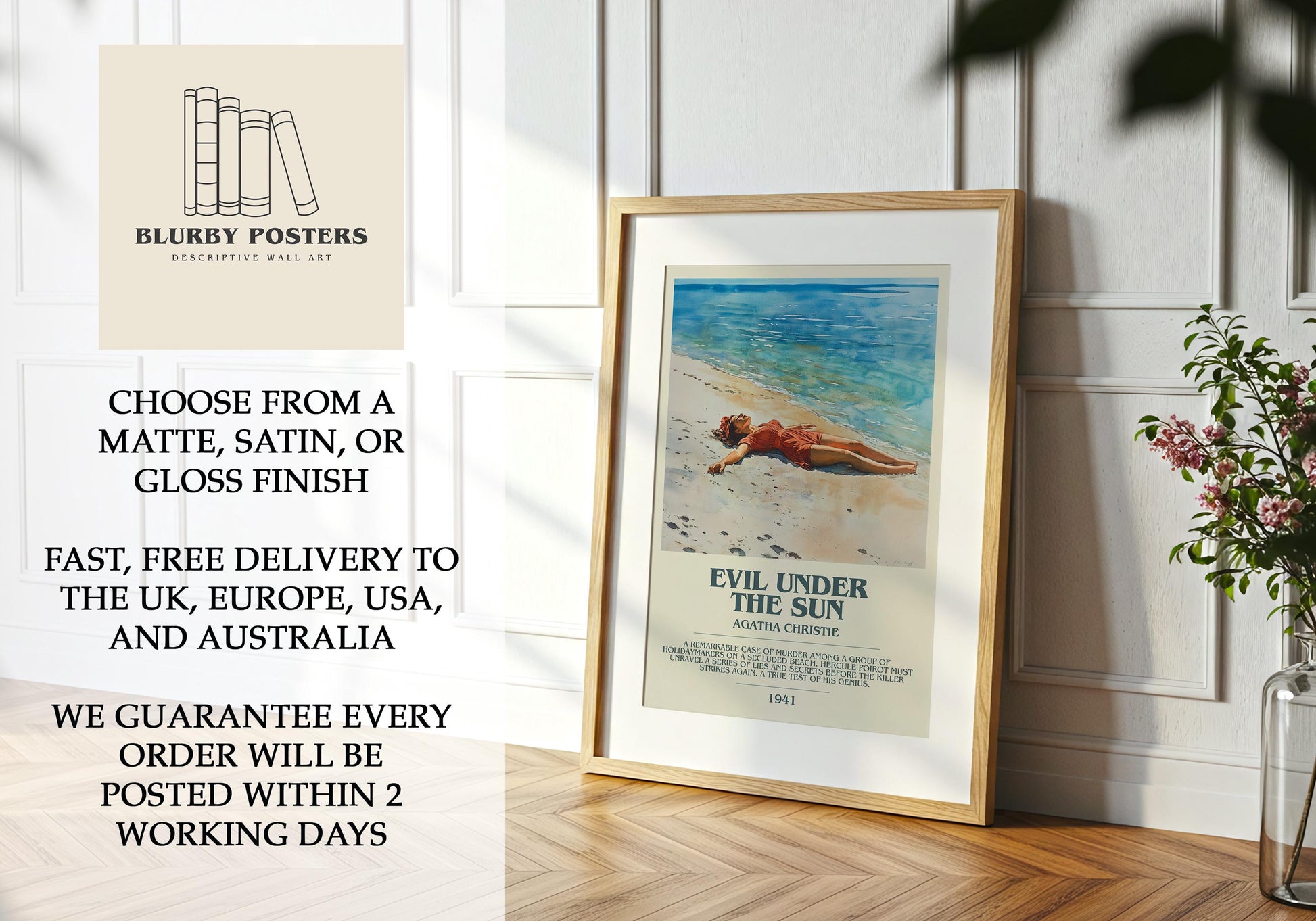 Evil Under The Sun by Agatha Christie Descriptive Poster Print. Free Delivery Wall Art Author & Blurb Book Artwork Novel Modern