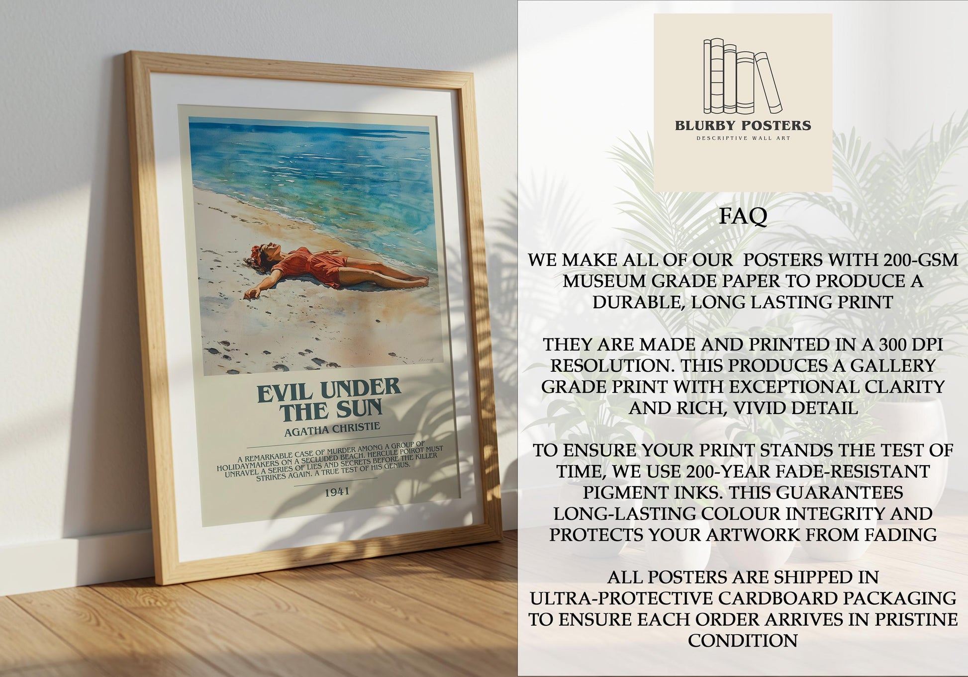 Evil Under The Sun by Agatha Christie Descriptive Poster Print. Free Delivery Wall Art Author & Blurb Book Artwork Novel Modern