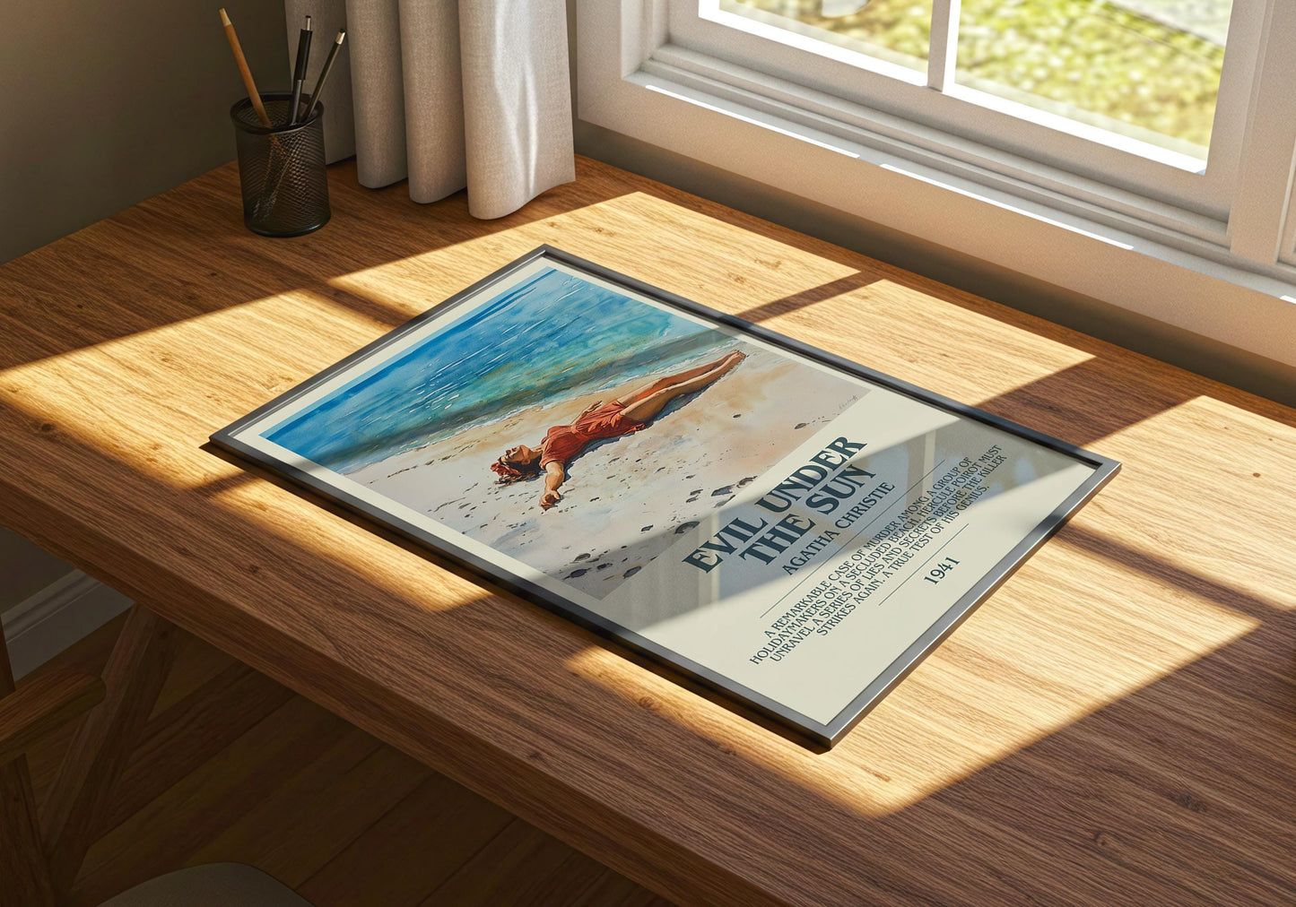 Evil Under The Sun by Agatha Christie Descriptive Poster Print. Free Delivery Wall Art Author & Blurb Book Artwork Novel Modern