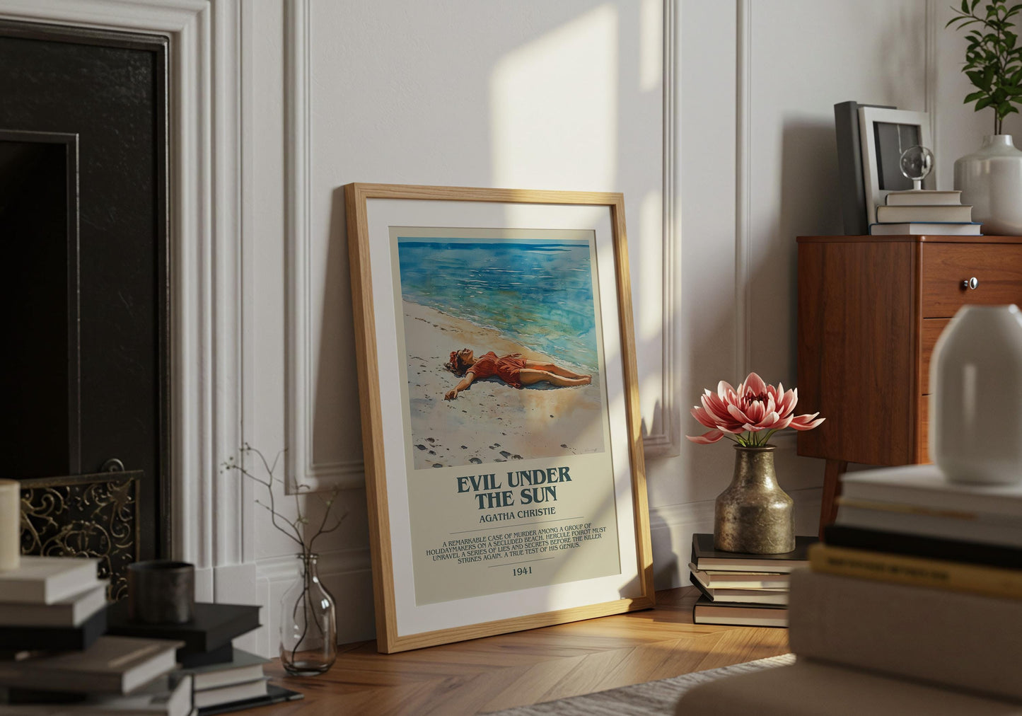 Evil Under The Sun by Agatha Christie Descriptive Poster Print. Free Delivery Wall Art Author & Blurb Book Artwork Novel Modern