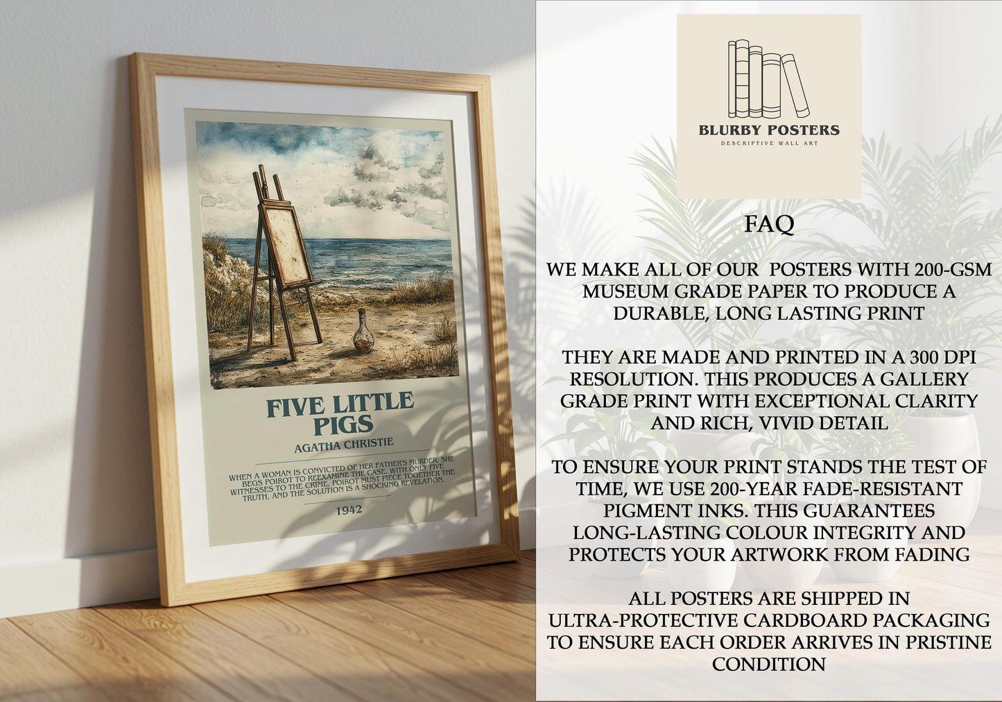Five Little Pigs by Agatha Christie Descriptive Poster Print. Free Delivery Wall Art Author & Blurb Book Artwork Novel Modern