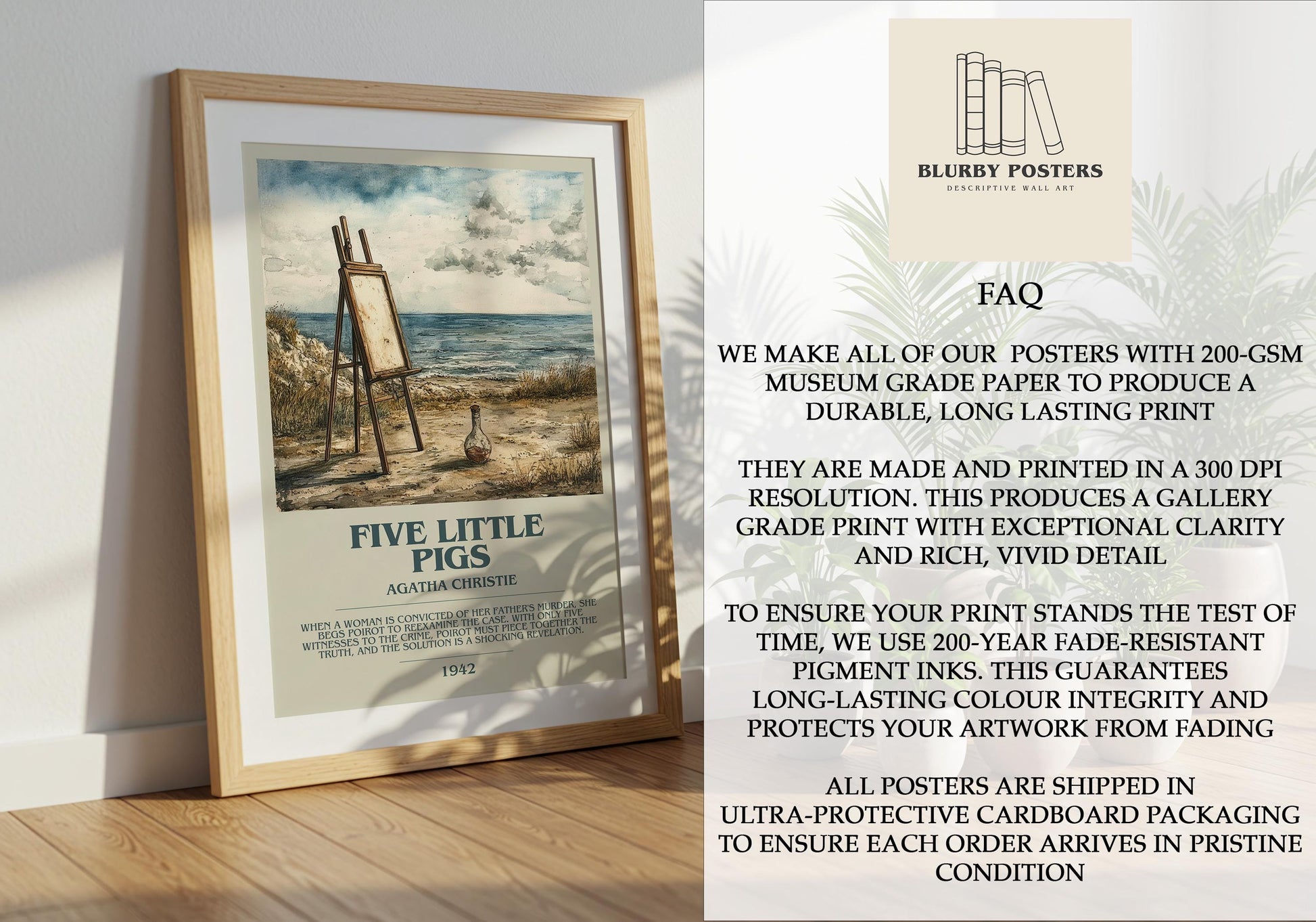 Five Little Pigs by Agatha Christie Descriptive Poster Print. Free Delivery Wall Art Author & Blurb Book Artwork Novel Modern