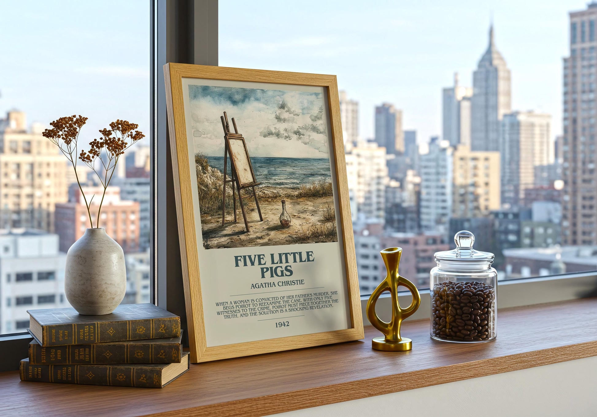 Five Little Pigs by Agatha Christie Descriptive Poster Print. Free Delivery Wall Art Author & Blurb Book Artwork Novel Modern