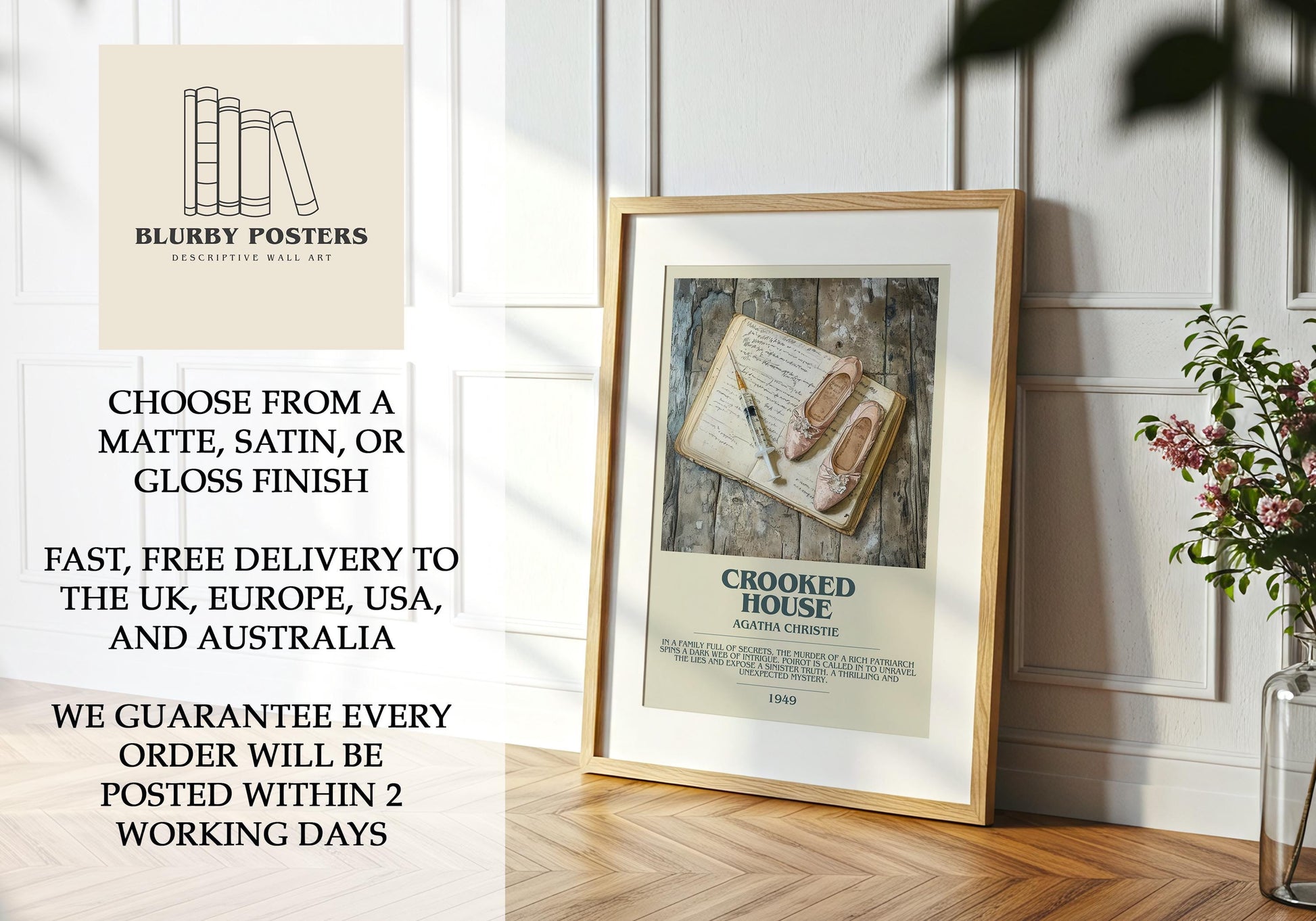 Crooked House by Agatha Christie Descriptive Poster Print. Free Delivery Wall Art Author & Blurb Book Artwork Novel Modern Gift