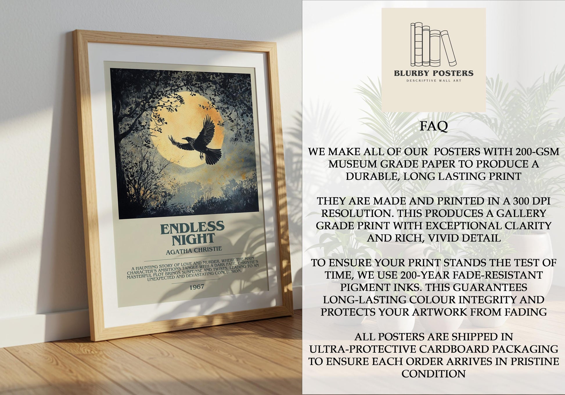 Endless Night by Agatha Christie Descriptive Poster Print. Free Delivery Wall Art Author & Blurb Book Artwork Novel Modern Gift
