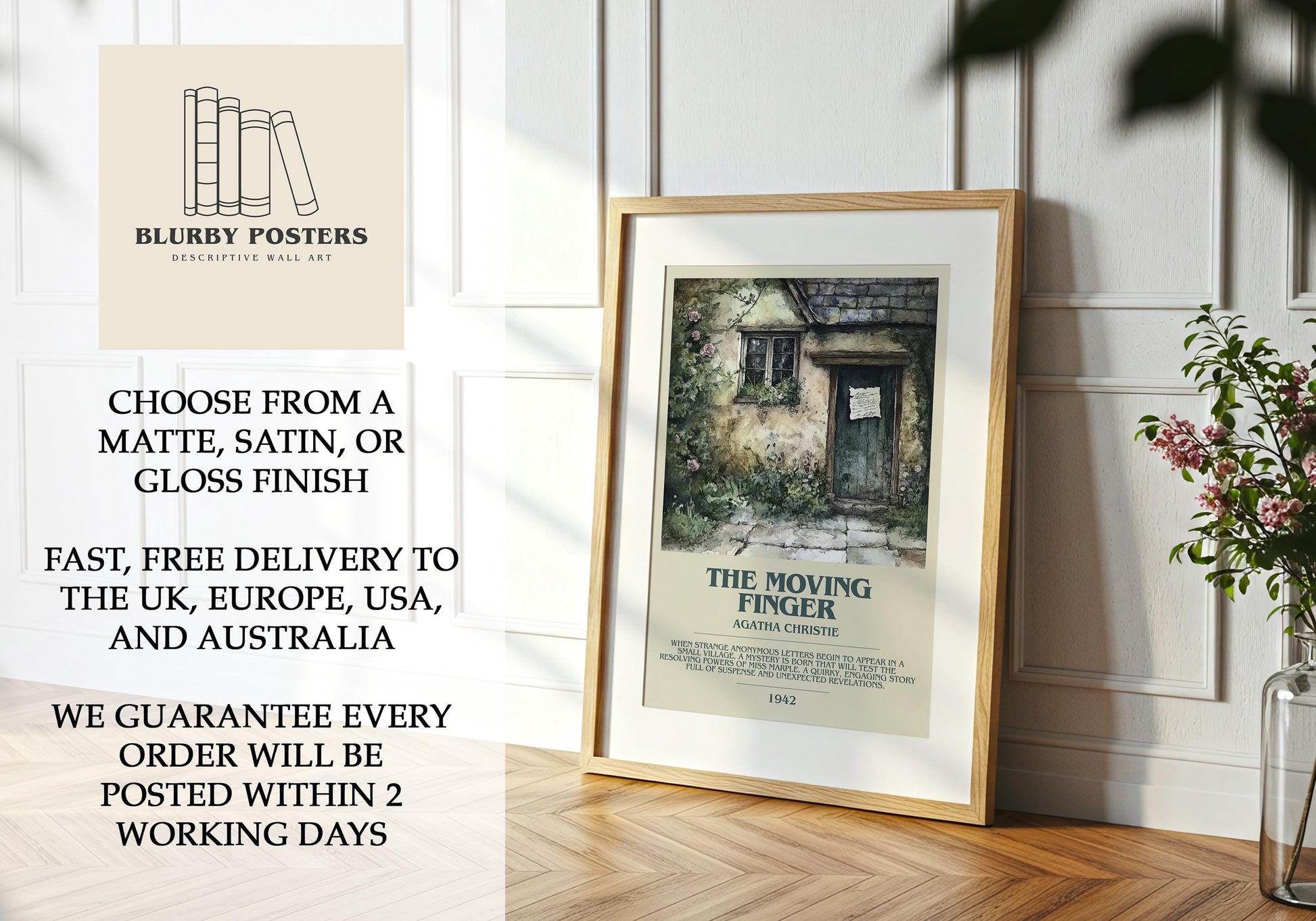 The Moving Finger by Agatha Christie Descriptive Poster Print. Free Delivery Wall Art Author & Blurb Book Artwork Novel Modern Gift