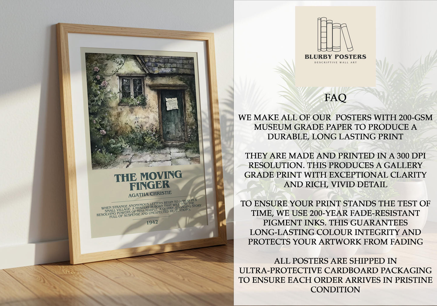 The Moving Finger by Agatha Christie Descriptive Poster Print. Free Delivery Wall Art Author & Blurb Book Artwork Novel Modern Gift