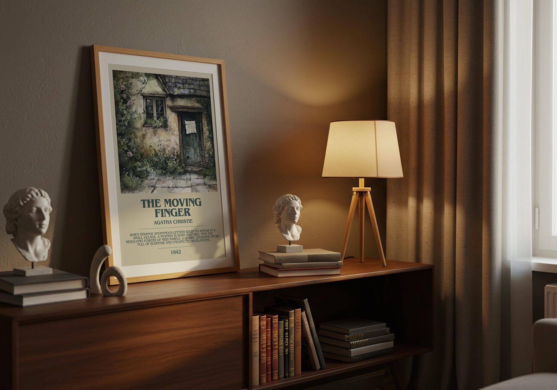 The Moving Finger by Agatha Christie Descriptive Poster Print. Free Delivery Wall Art Author & Blurb Book Artwork Novel Modern Gift