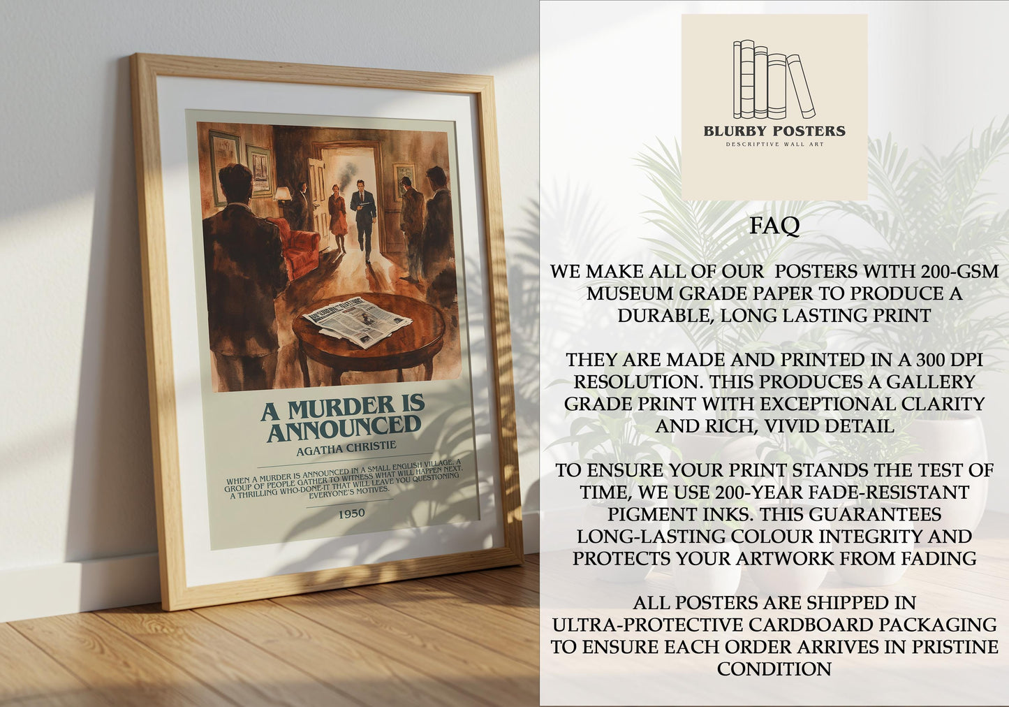 A Murder Is Announced by Agatha Christie Descriptive Poster Print. Free Delivery Wall Art Author & Blurb Book Artwork Novel Modern Gift