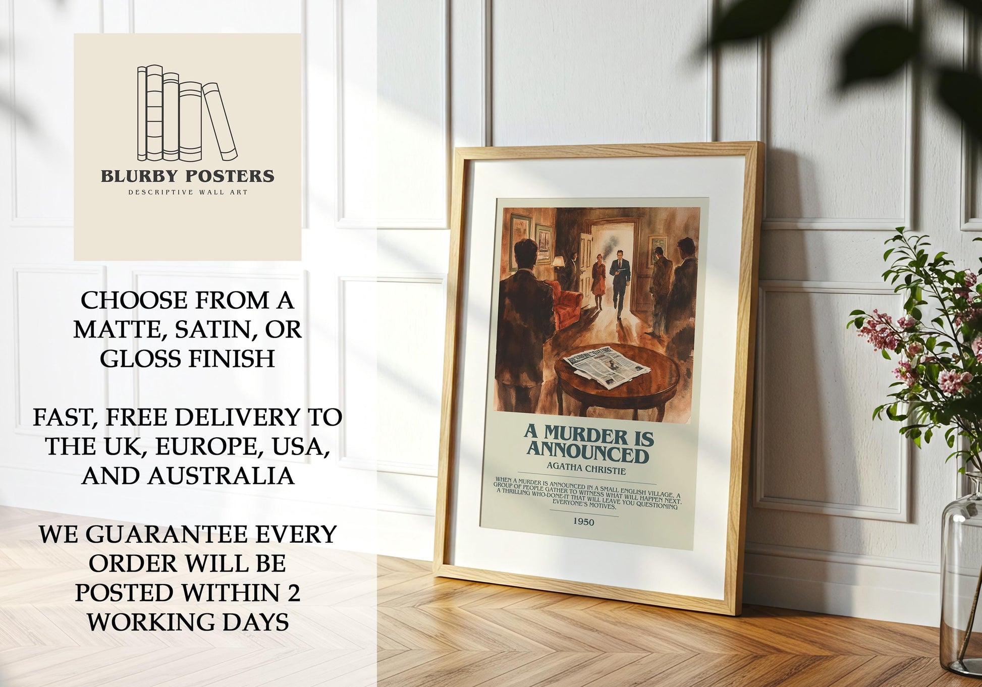 A Murder Is Announced by Agatha Christie Descriptive Poster Print. Free Delivery Wall Art Author & Blurb Book Artwork Novel Modern Gift