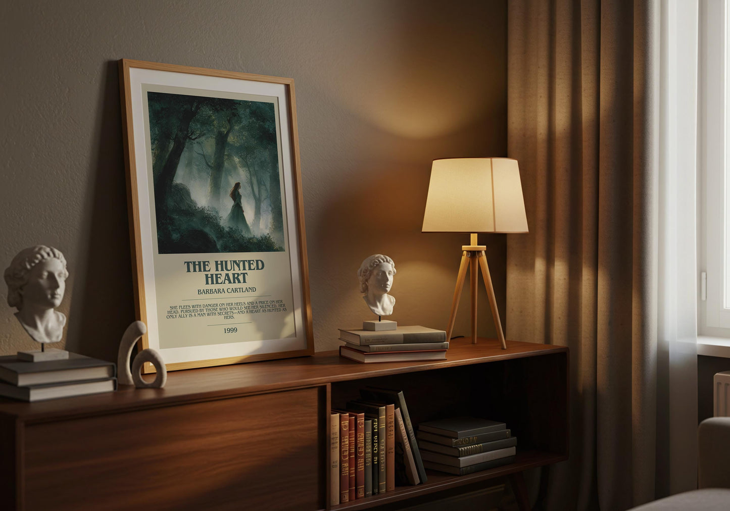 The Hunted Heart by Barbara Cartland | Descriptive Book Poster | Modern