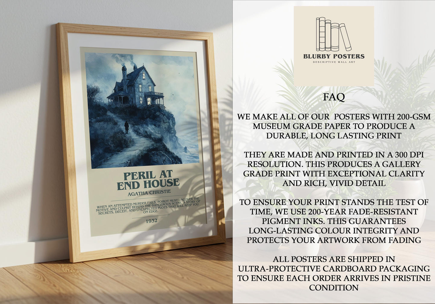Peril At End House by Agatha Christie Descriptive Poster Print. Free Delivery Wall Art Author & Blurb Book Artwork Novel Modern Gift