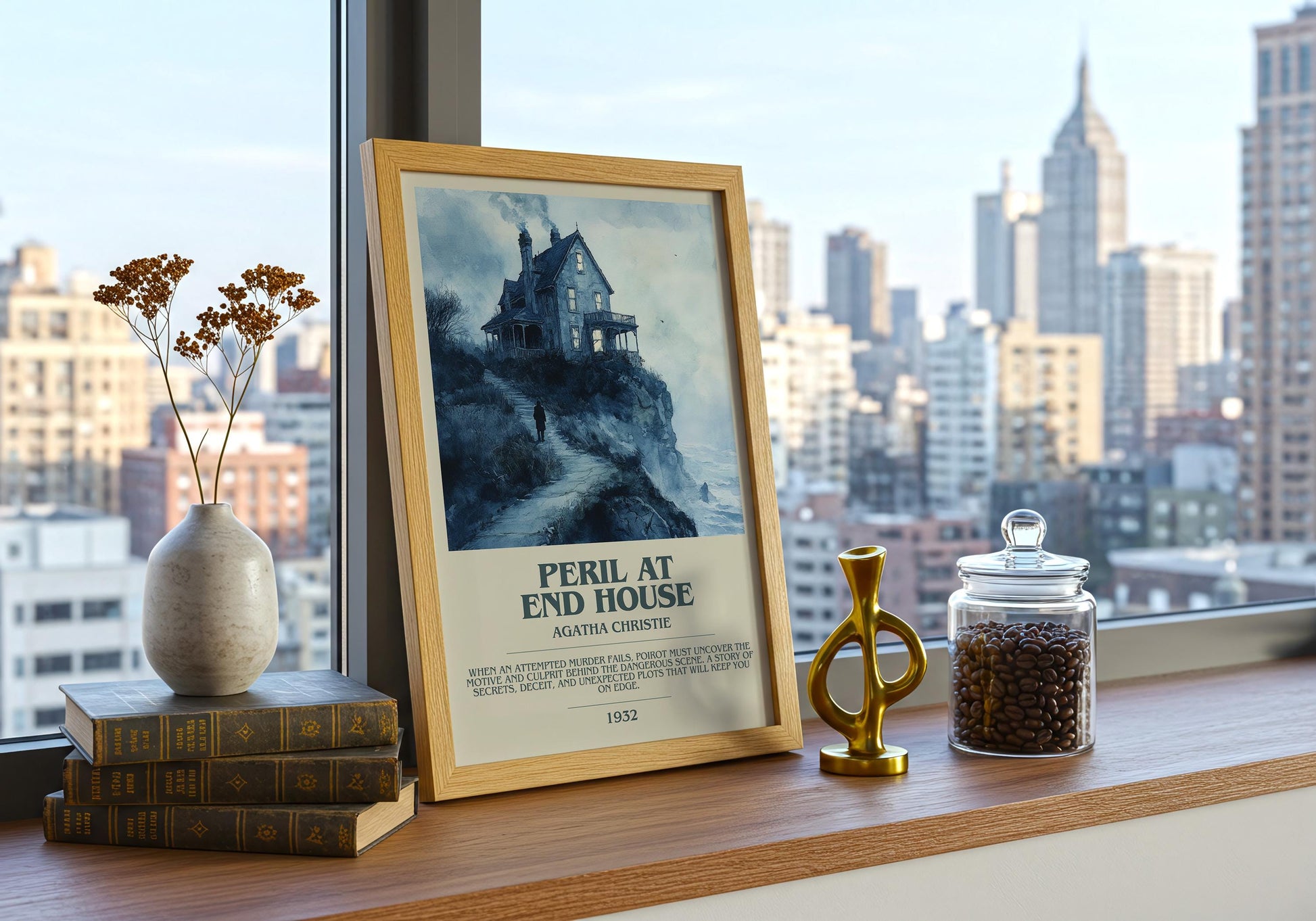Peril At End House by Agatha Christie Descriptive Poster Print. Free Delivery Wall Art Author & Blurb Book Artwork Novel Modern Gift