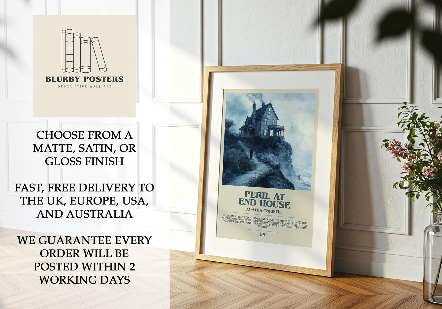 Peril At End House by Agatha Christie Descriptive Poster Print. Free Delivery Wall Art Author & Blurb Book Artwork Novel Modern Gift