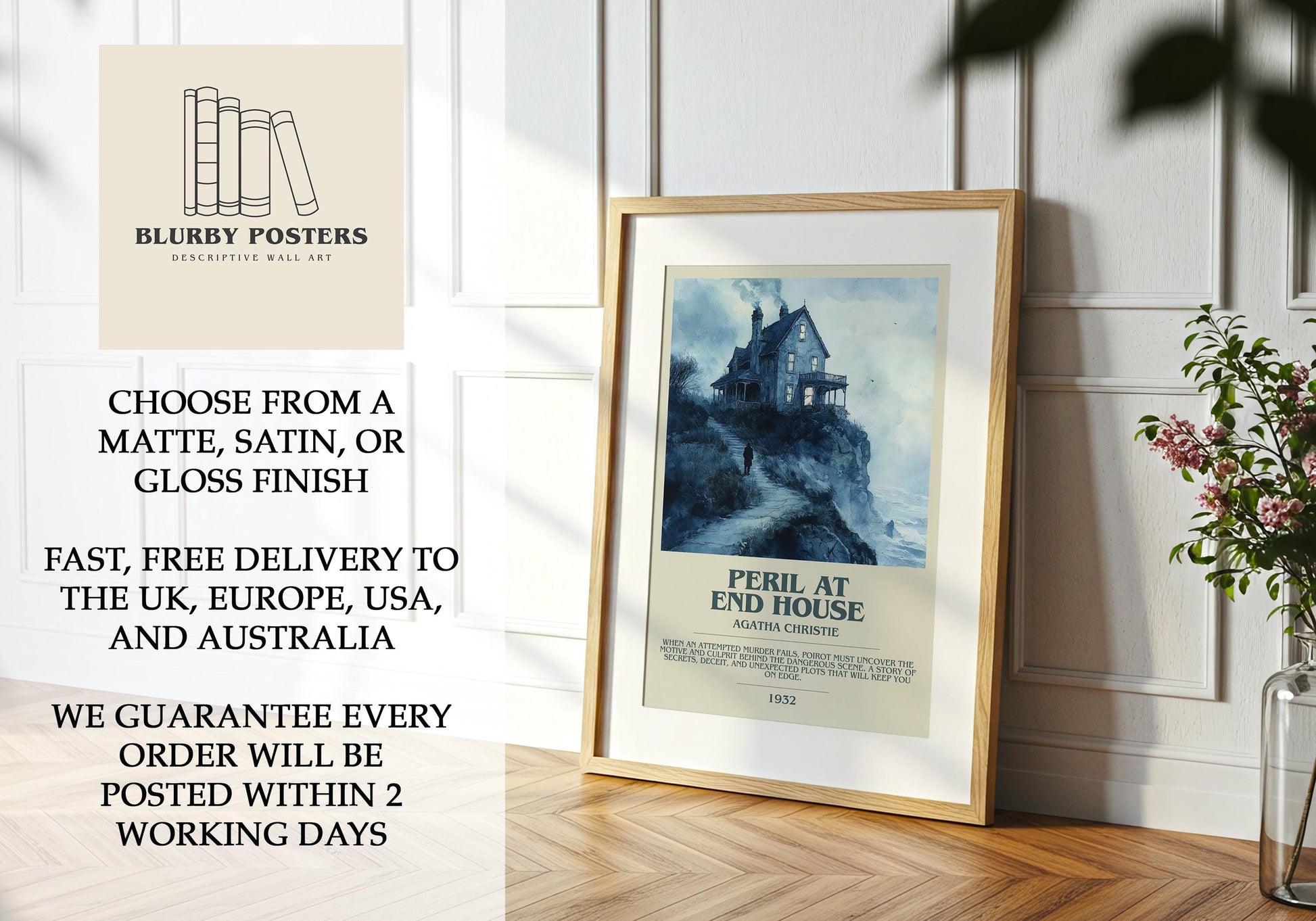 Peril At End House by Agatha Christie Descriptive Poster Print. Free Delivery Wall Art Author & Blurb Book Artwork Novel Modern Gift