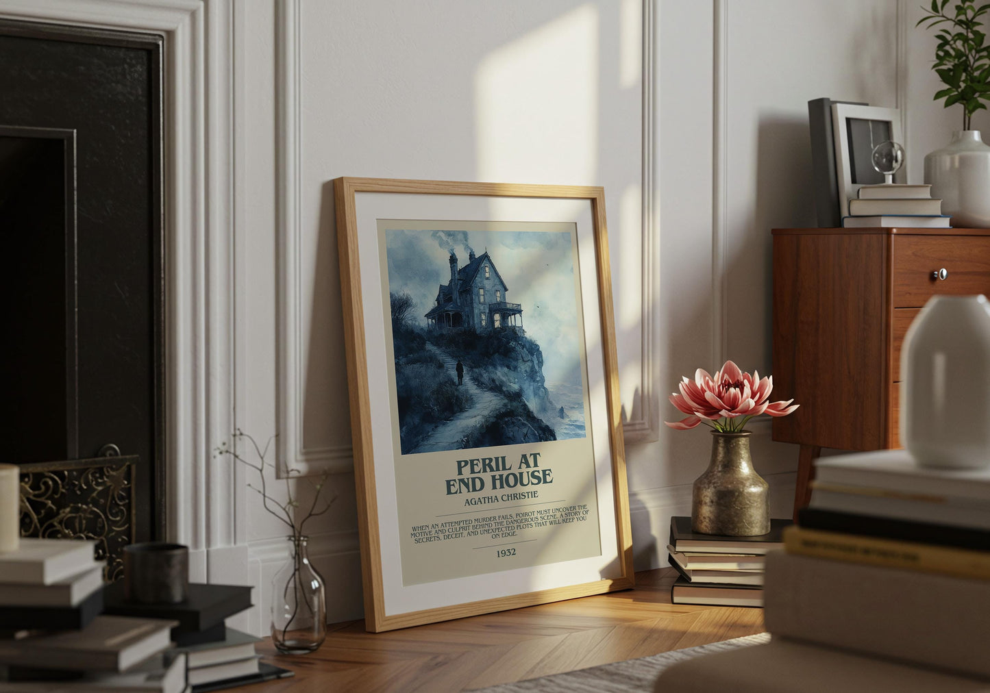 Peril At End House by Agatha Christie Descriptive Poster Print. Free Delivery Wall Art Author & Blurb Book Artwork Novel Modern Gift