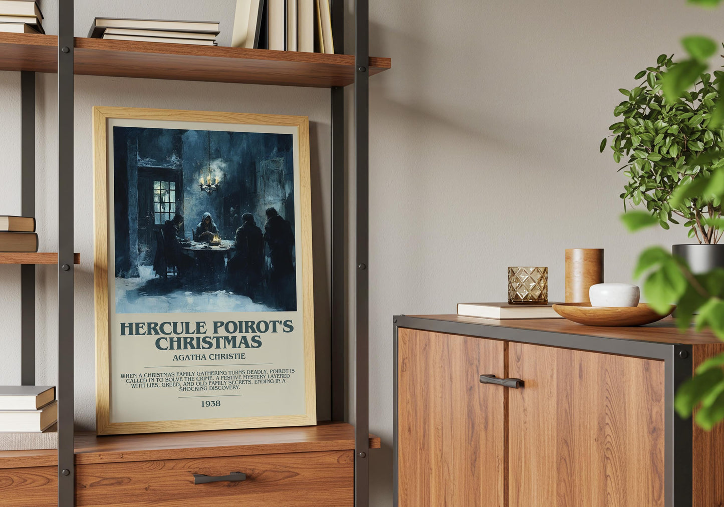 Hercule Poirot's Christmas by Agatha Christie Descriptive Poster Print. Free Delivery Wall Art Author & Blurb Book Artwork Novel Modern Gift