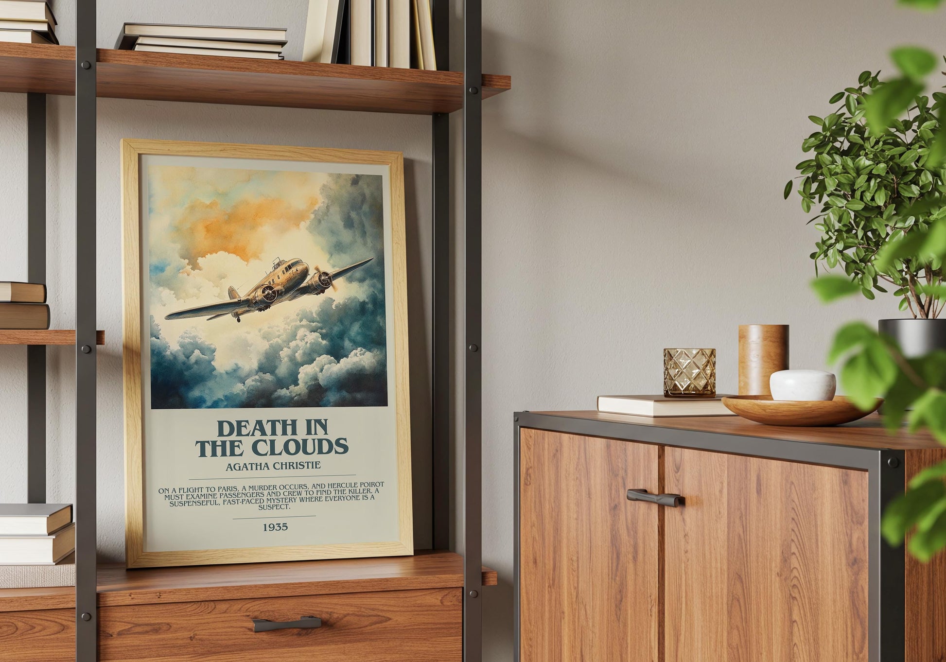 Death In The Clouds by Agatha Christie Descriptive Poster Print. Free Delivery Wall Art Author & Blurb Book Artwork Novel Modern Gift
