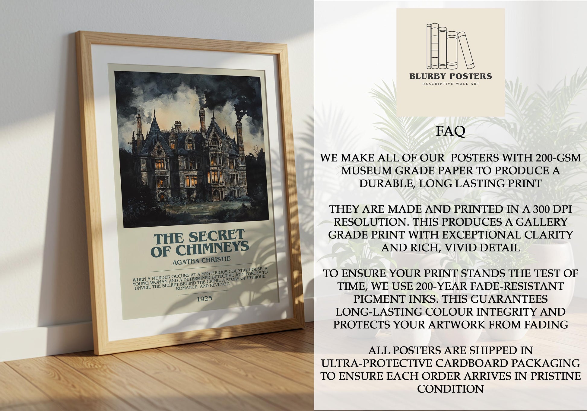 The Secret Of Chimneys by Agatha Christie Descriptive Poster Print. Free Delivery Wall Art Author & Blurb Book Artwork Novel Modern Gift