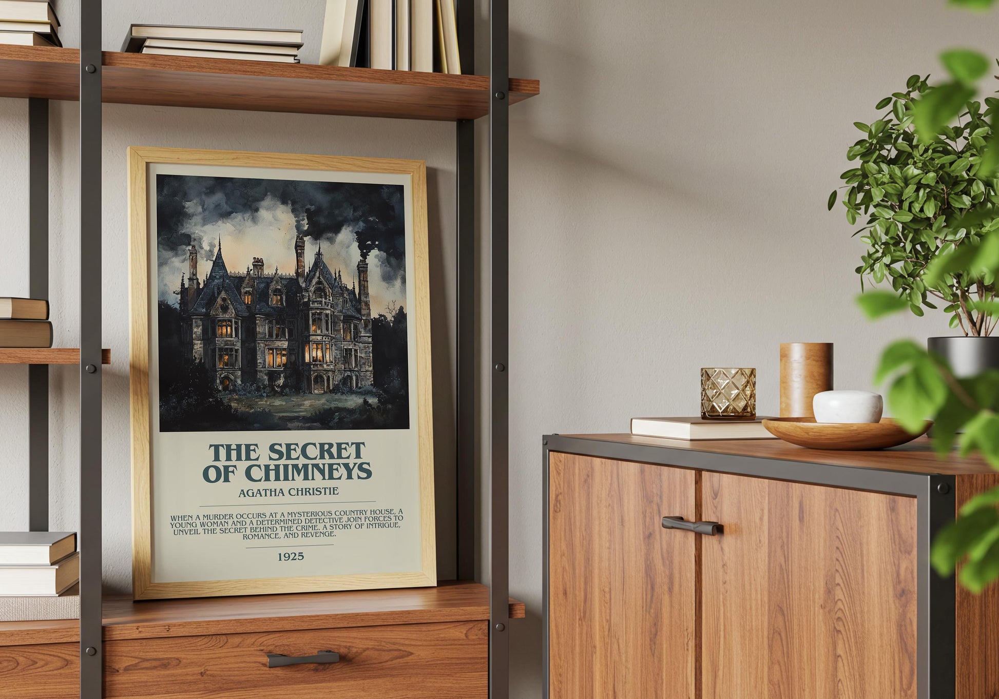 The Secret Of Chimneys by Agatha Christie Descriptive Poster Print. Free Delivery Wall Art Author & Blurb Book Artwork Novel Modern Gift