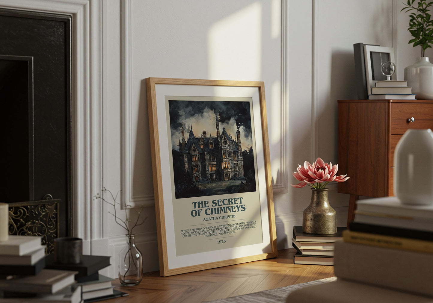The Secret Of Chimneys by Agatha Christie Descriptive Poster Print. Free Delivery Wall Art Author & Blurb Book Artwork Novel Modern Gift