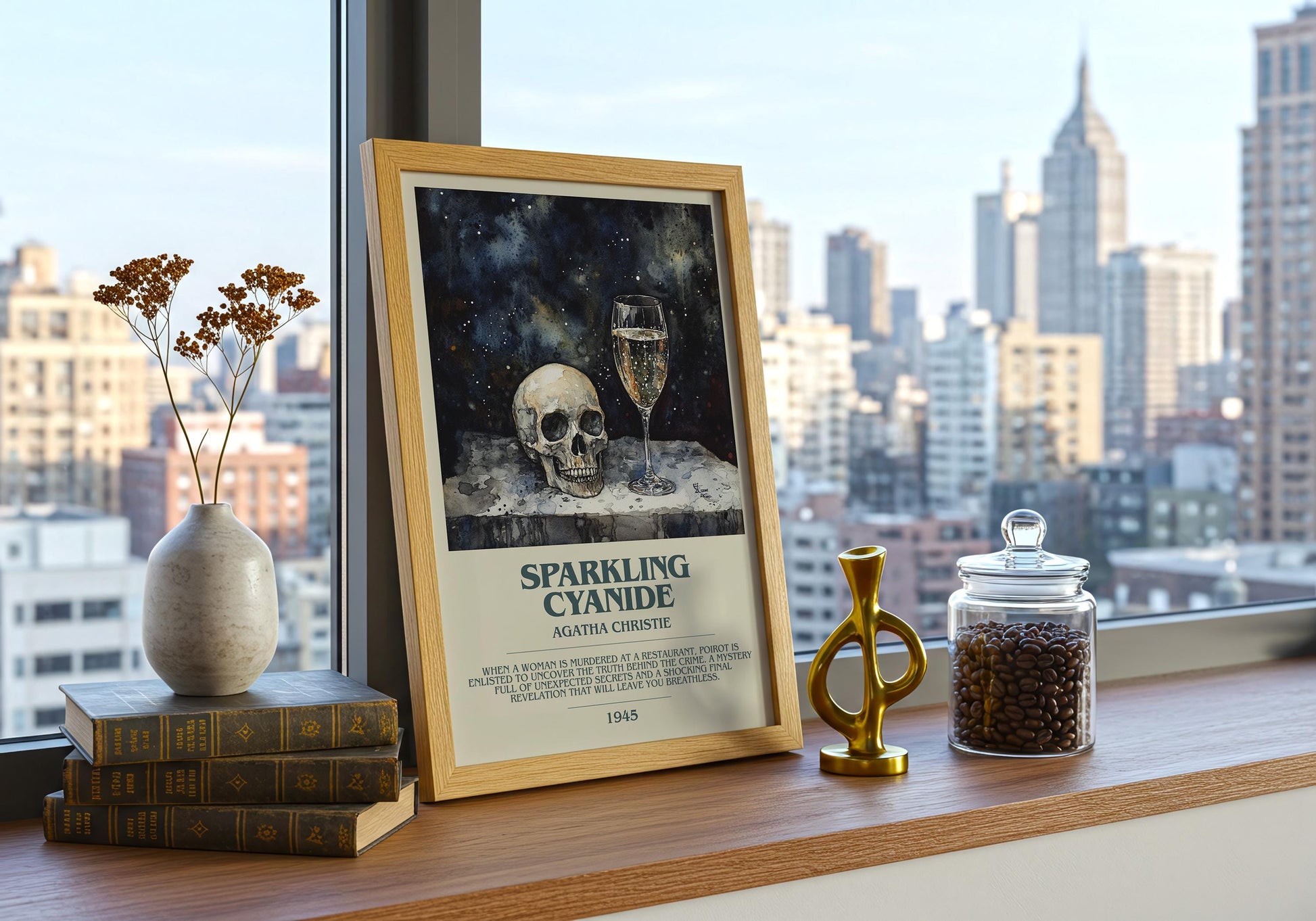Sparkling Cyanide by Agatha Christie Descriptive Poster Print. Free Delivery Wall Art Author & Blurb Book Artwork Novel Modern Gift