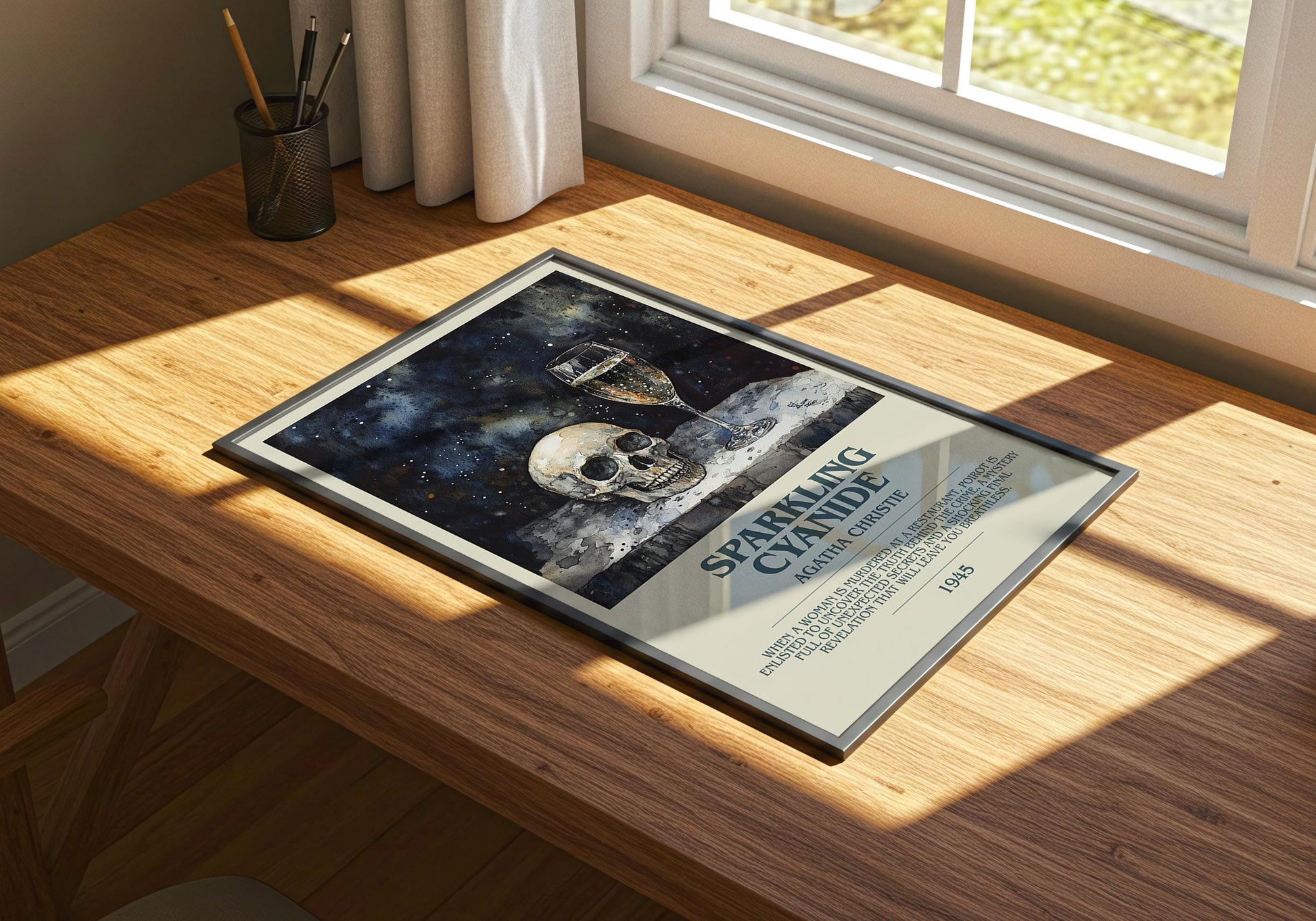 Sparkling Cyanide by Agatha Christie Descriptive Poster Print. Free Delivery Wall Art Author & Blurb Book Artwork Novel Modern Gift