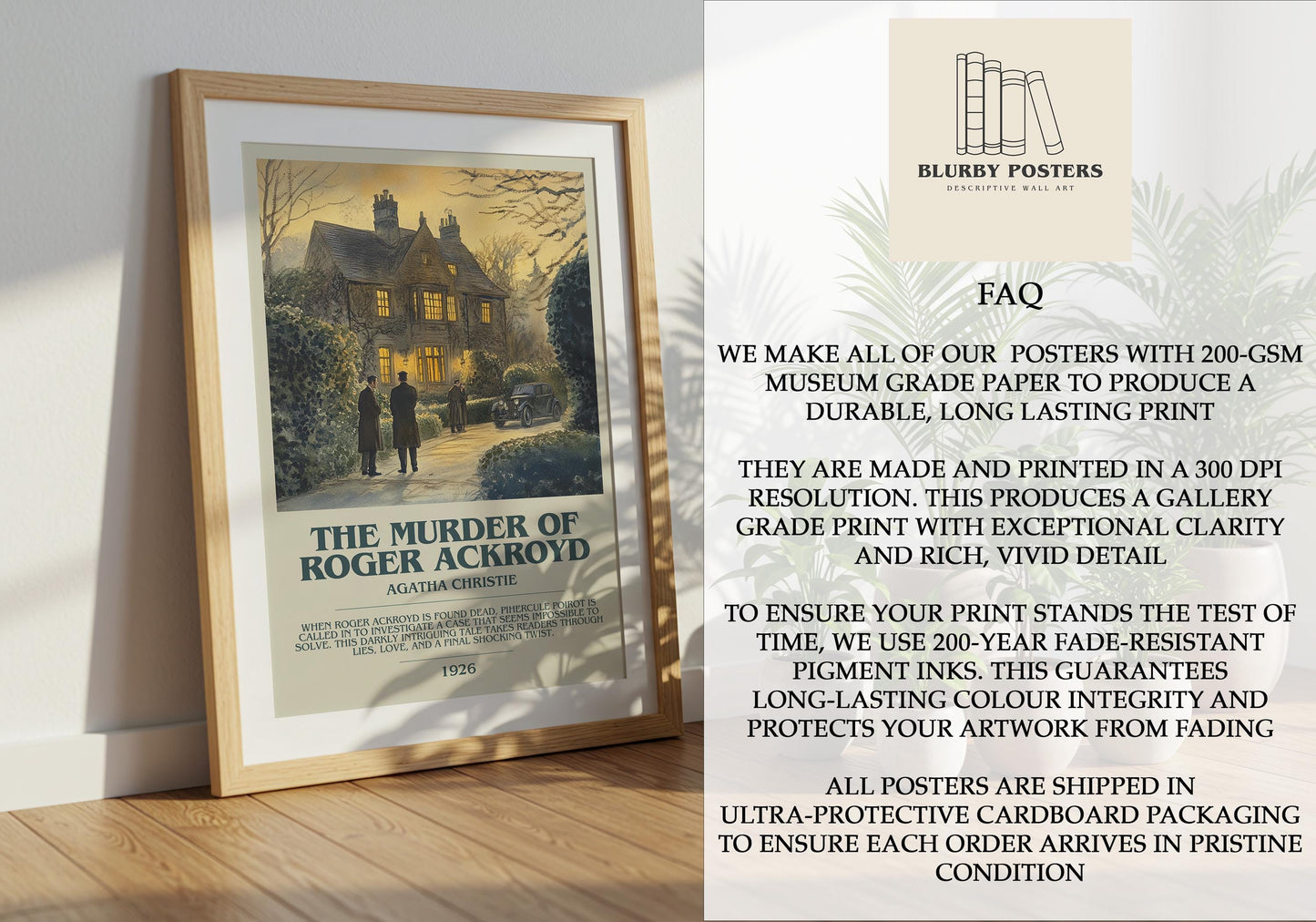The Murder Of Roger Ackroyd by Agatha Christie Descriptive Poster Print. Free Delivery Wall Art Author & Blurb Book Artwork Novel Modern