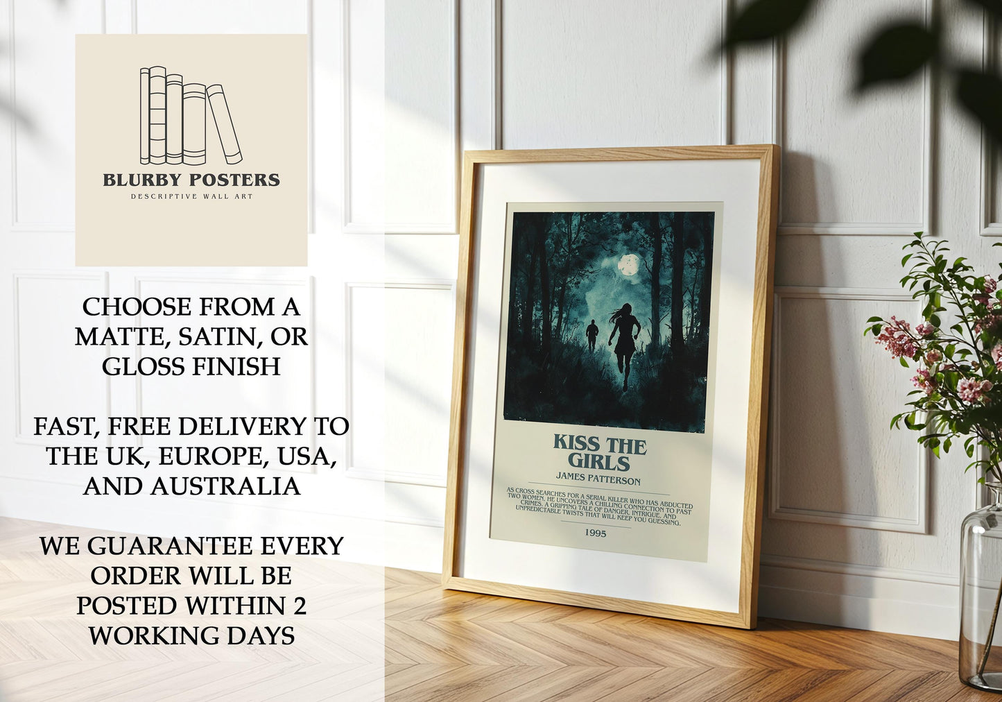 Kiss The Girls by James Patterson Descriptive Poster Print. Free Delivery Wall Art Author & Blurb Book Artwork Novel Modern