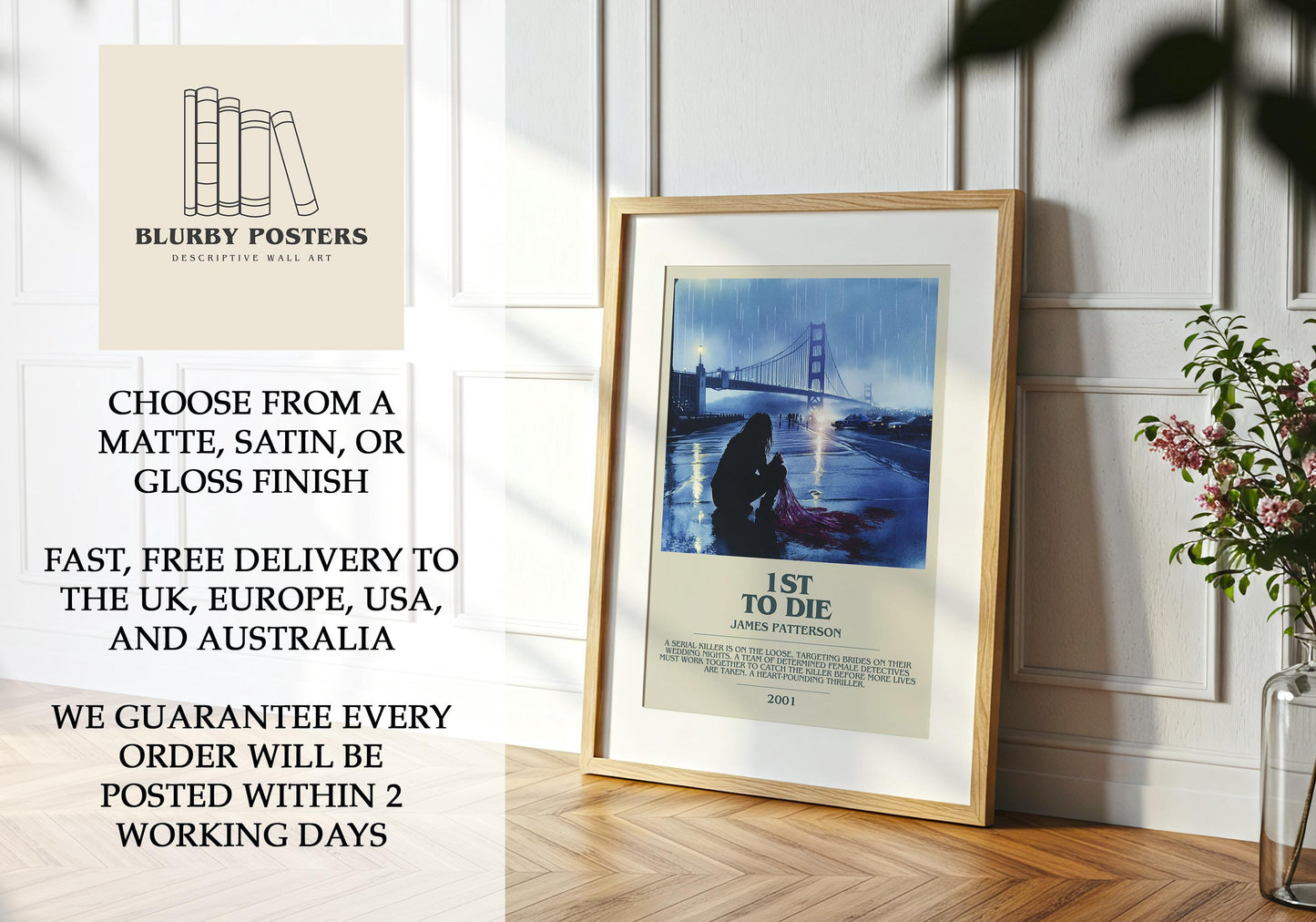 1st To Die by James Patterson Descriptive Poster Print. Free Delivery Wall Art Author & Blurb Book Artwork Novel Modern