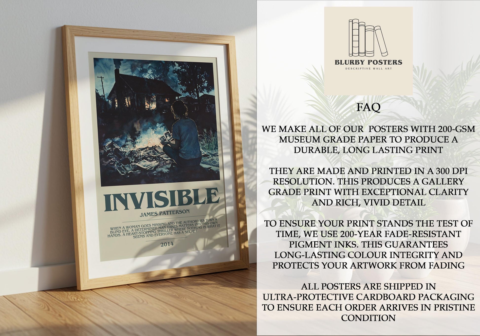 Invisible by James Patterson Descriptive Poster Print. Free Delivery Wall Art Author & Blurb Book Artwork Novel Modern