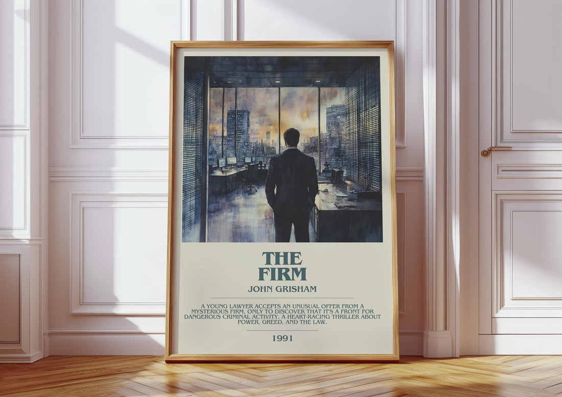 The Firm bookish print in frame leaning in hallway – thriller wall art (mockup)