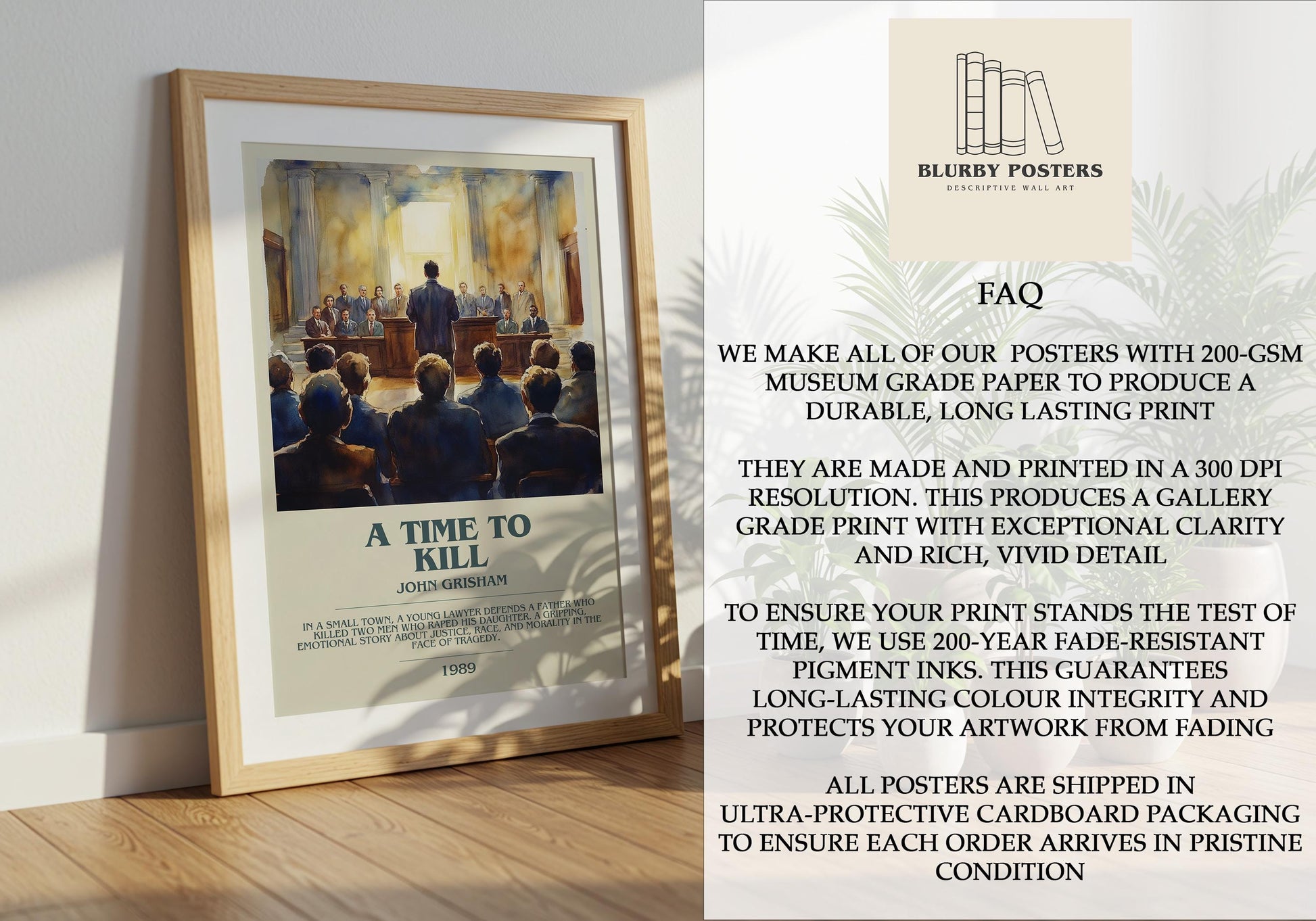 A Time To Kill by John Grisham Descriptive Poster Print. Free Delivery Wall Art Author & Blurb Book Artwork Novel Modern